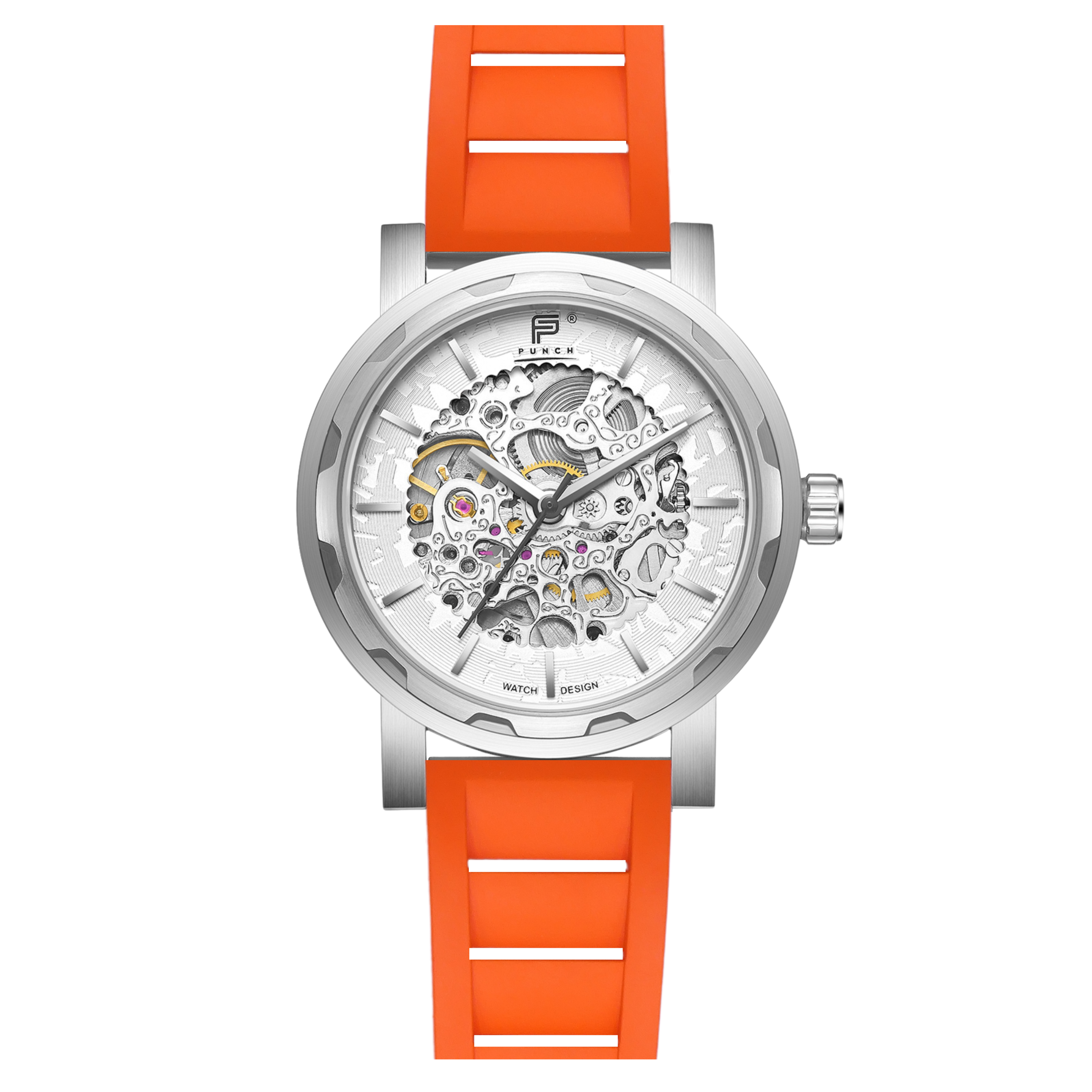 PUNCH Mens Watch, Silver & White Skeleton Automatic Watch - Orange Rubber Strap - Punch Watch Design 
