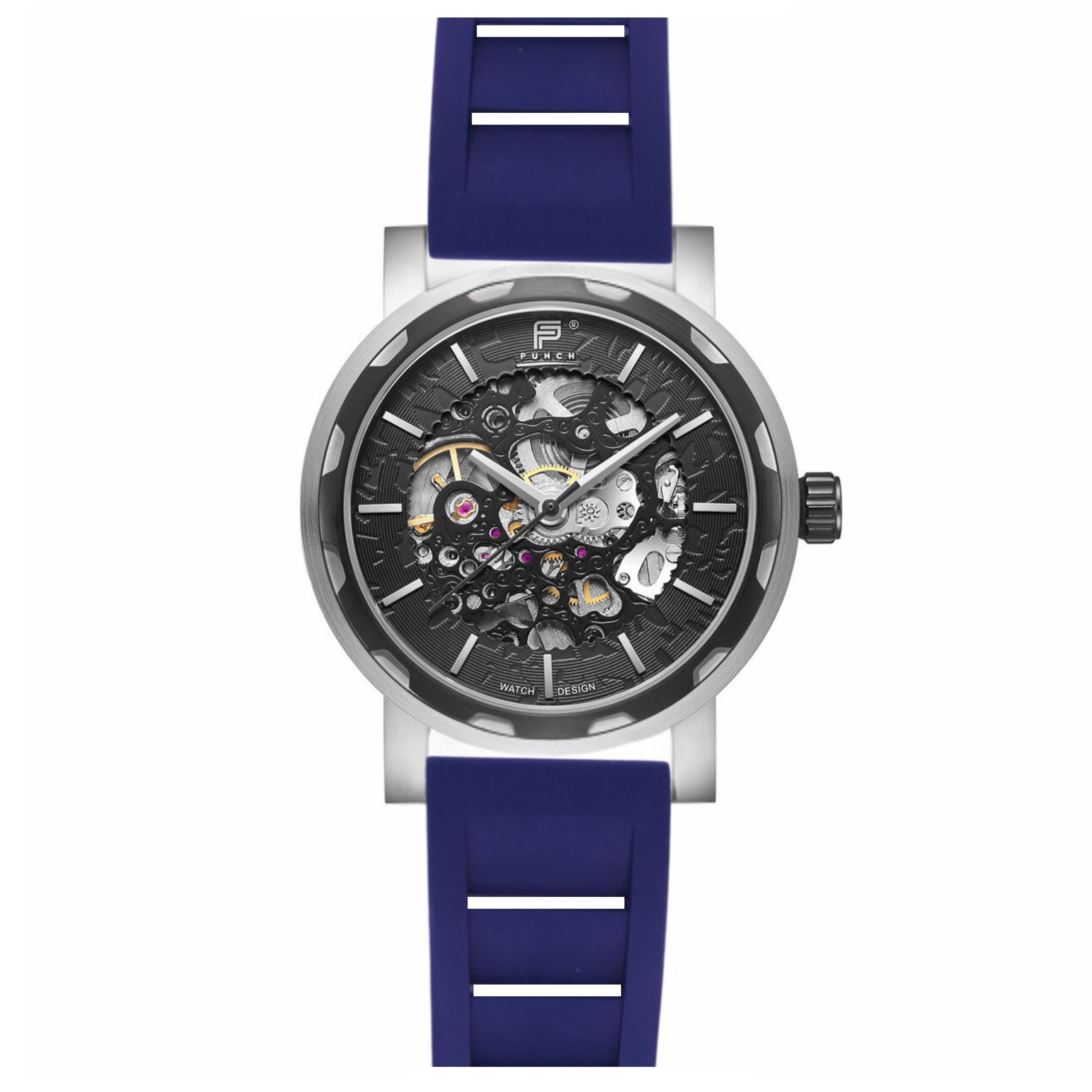 PUNCH Mens Watch, Black & Silver Skeleton Automatic Watch - Navy Rubber Strap - Punch Watch Design 