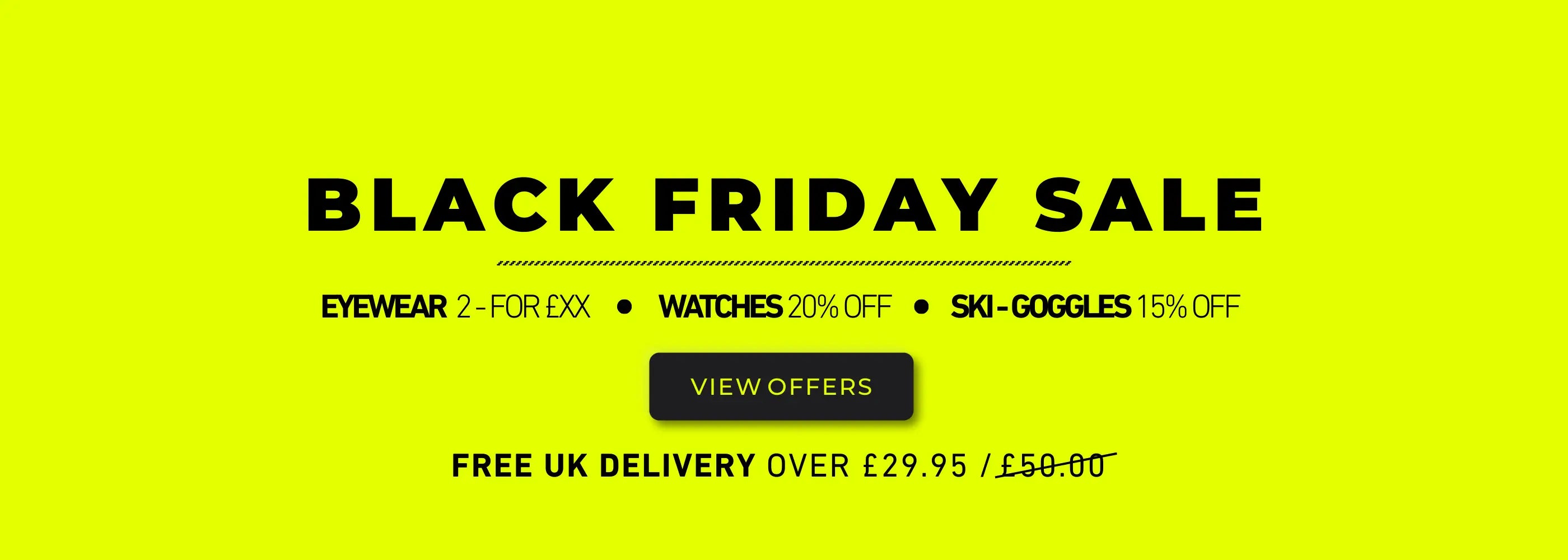 Black Friday sale advertisement with discounts on eyewear, watches, and ski goggles on a yellow background.