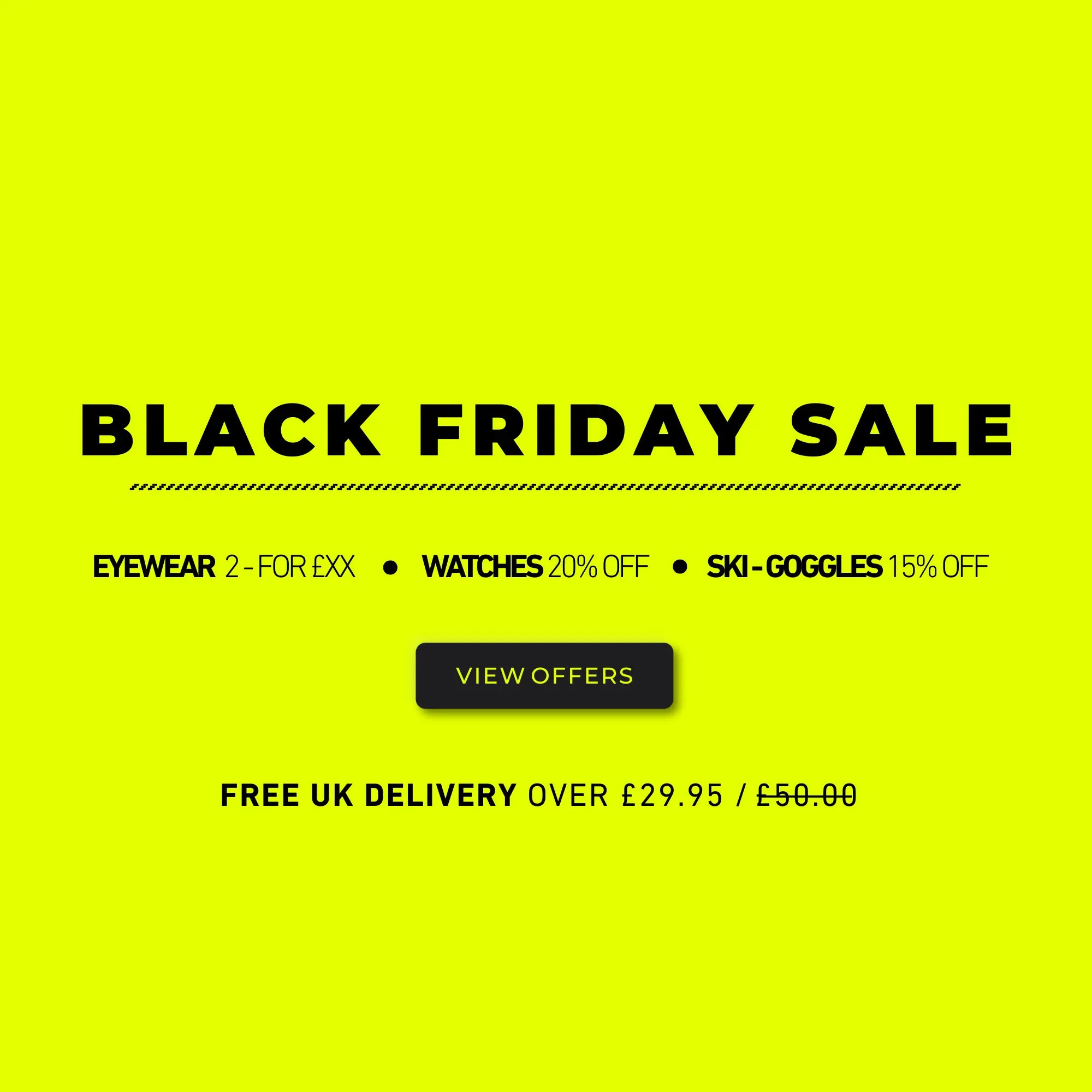 Black Friday sale advertisement with discounts on eyewear, watches, and ski goggles on a yellow background.