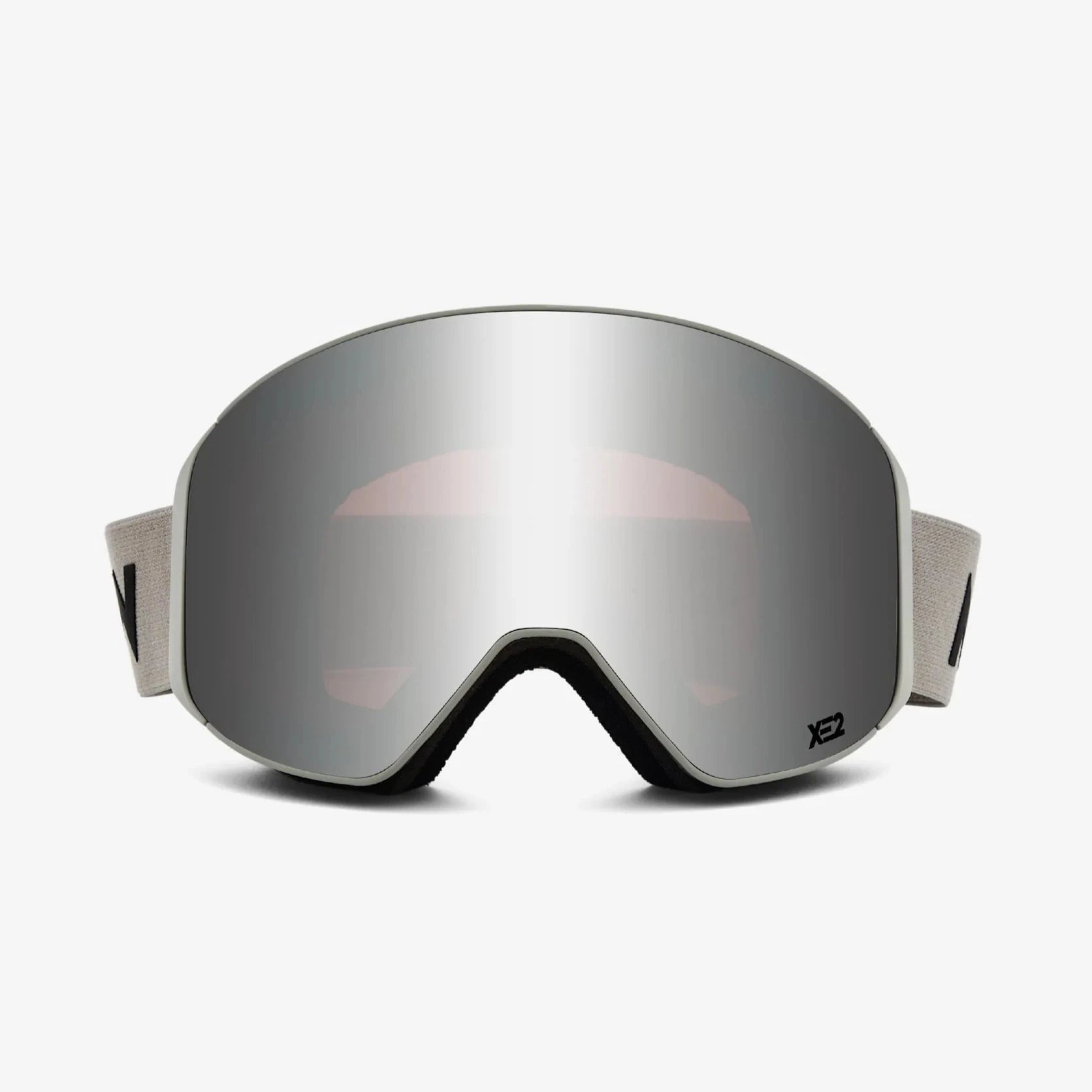 Black goggles with reflective lens on a white background