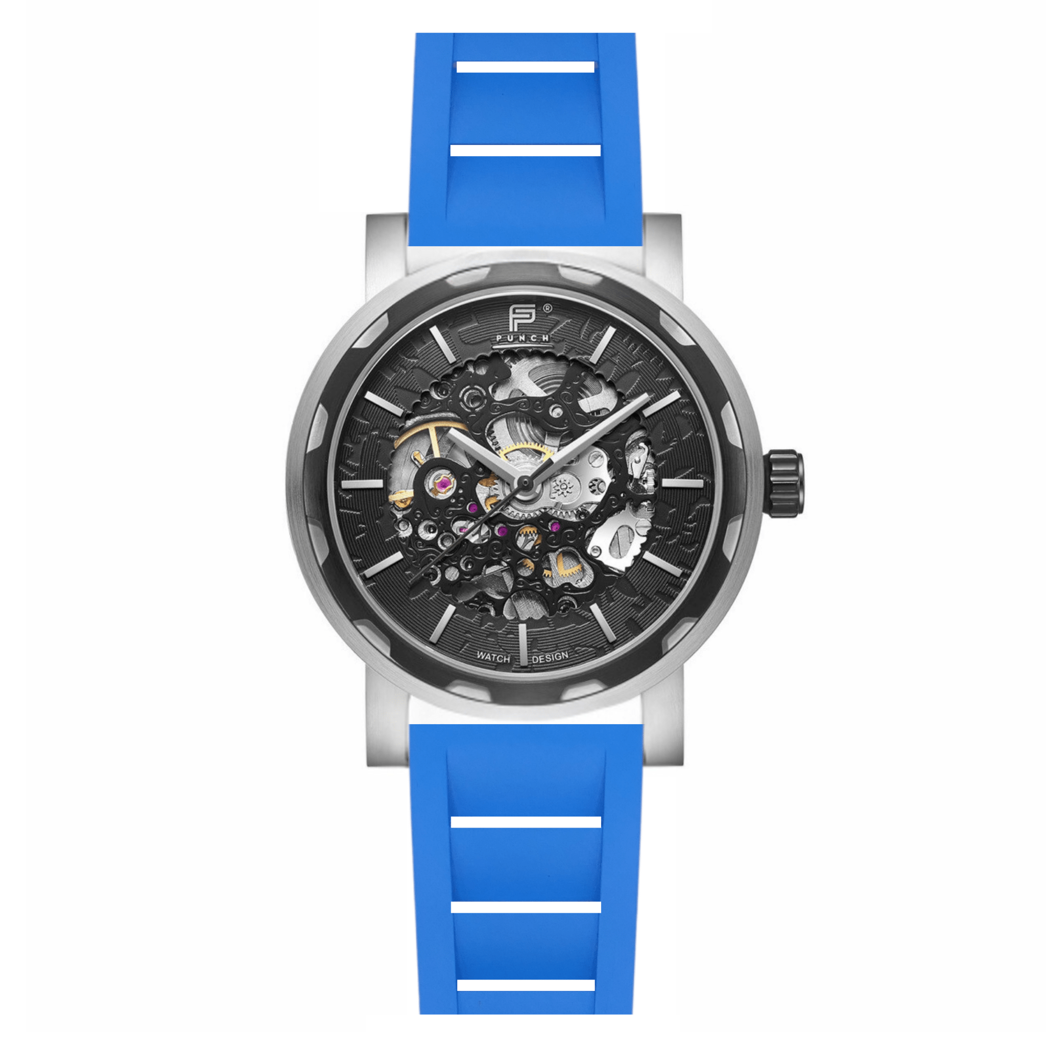 Mens Black Automatic Watch – Blue FKM Rubber Strap l PUNCH - PUNCH Watch & Eyewear - Punch Watch Design