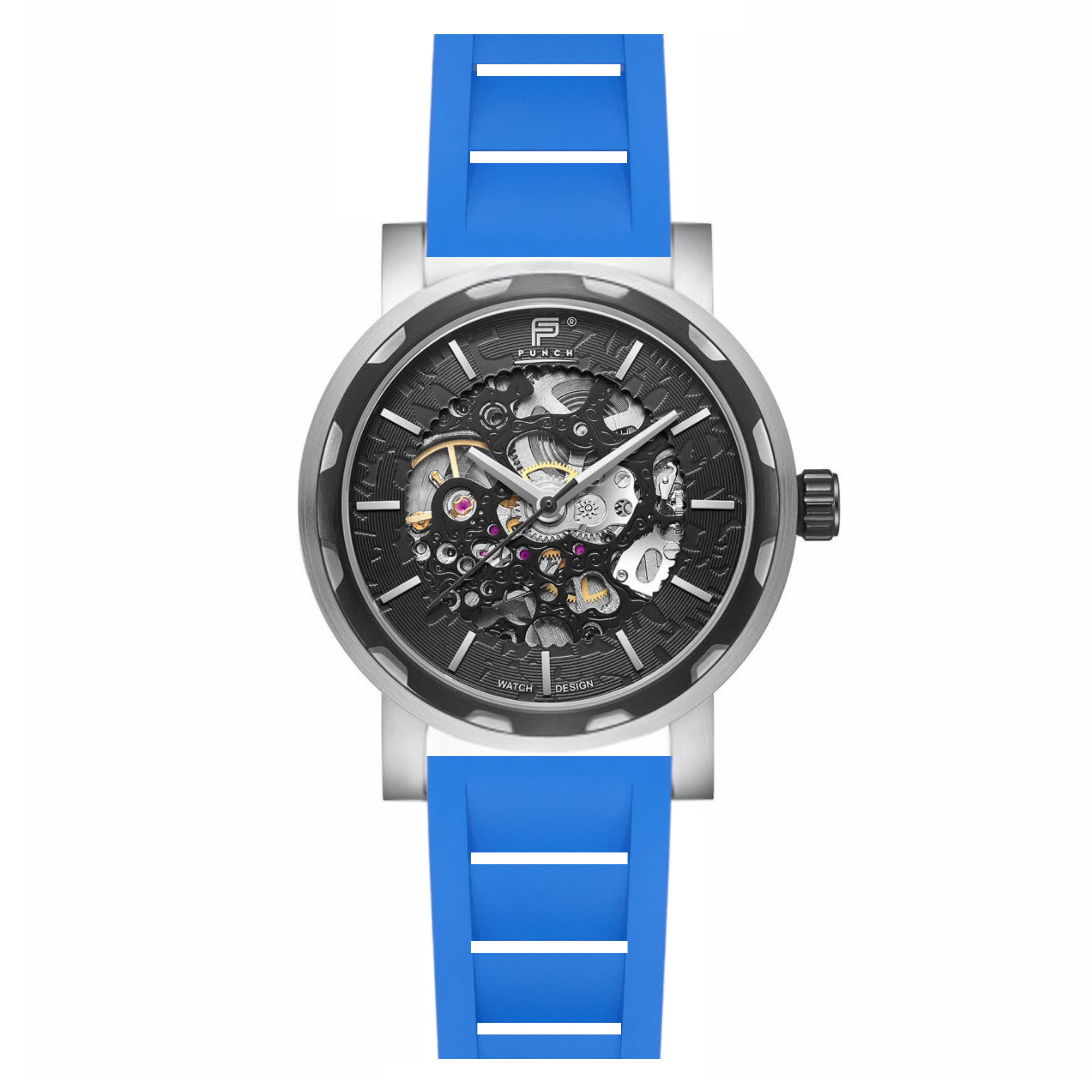 PUNCH Mens Watch, Black & Silver Skeleton Automatic Watch - Blue Rubber Strap - Punch Watch Design 