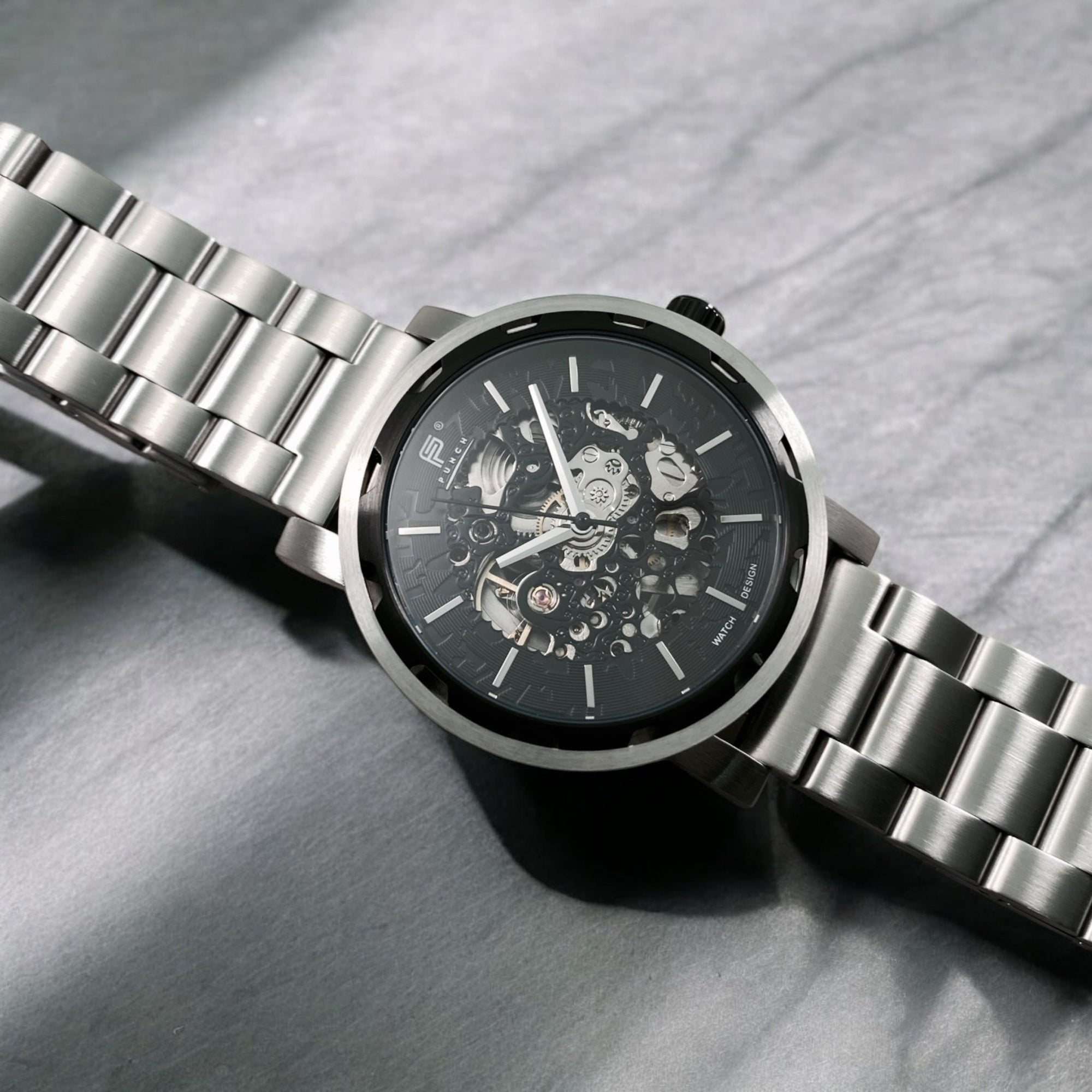 Mens Black Automatic Watch - Silver Stainless Steel Strap l PUNCH - PUNCH Watch & Eyewear - Punch Watch Design
