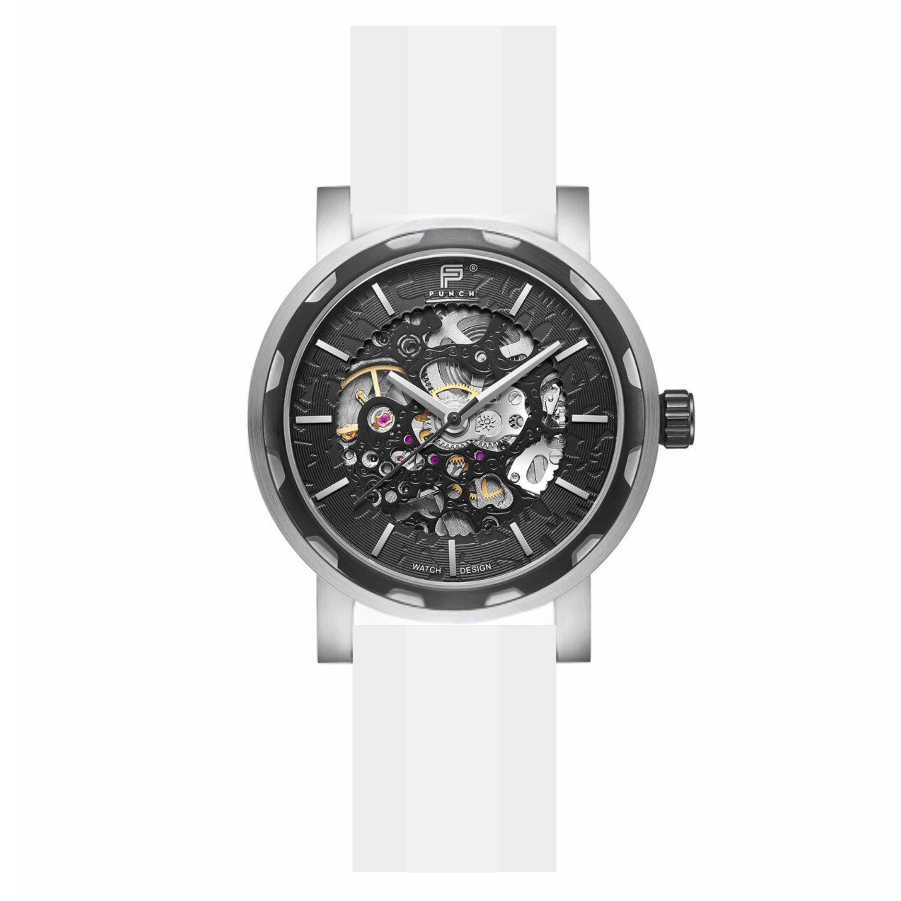 PUNCH Mens Watch, Black & Silver Skeleton Automatic Watch - White Rubber Strap - Punch Watch Design 