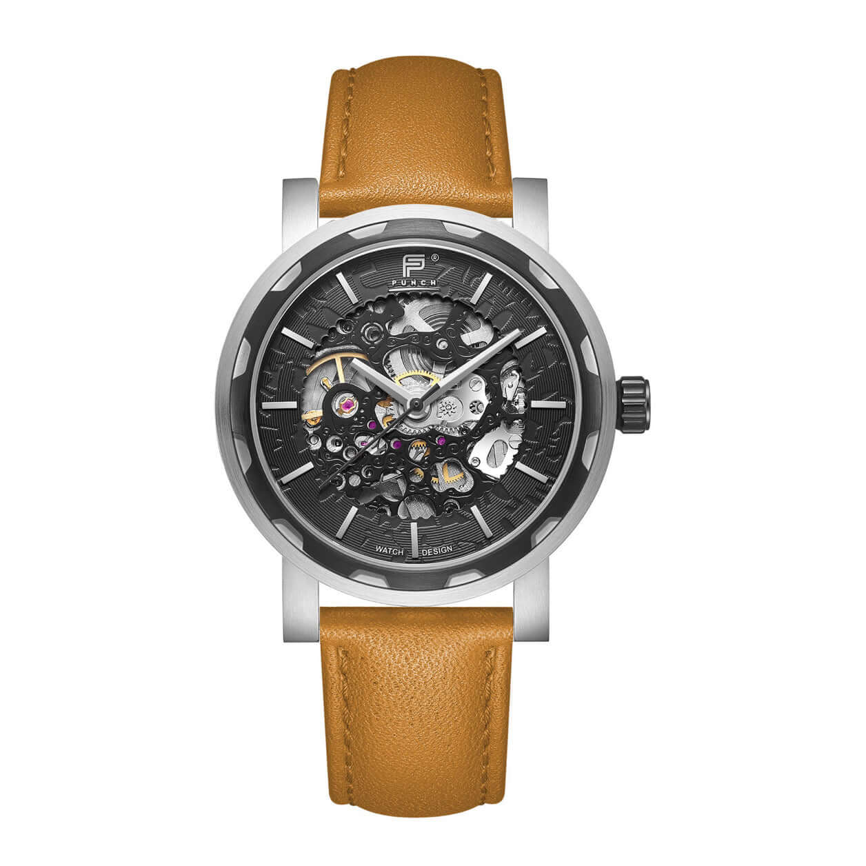 PUNCH Men's Black & Silver Automatic Skeleton Watch - Tan Leather Strap - Punch Watch Design 