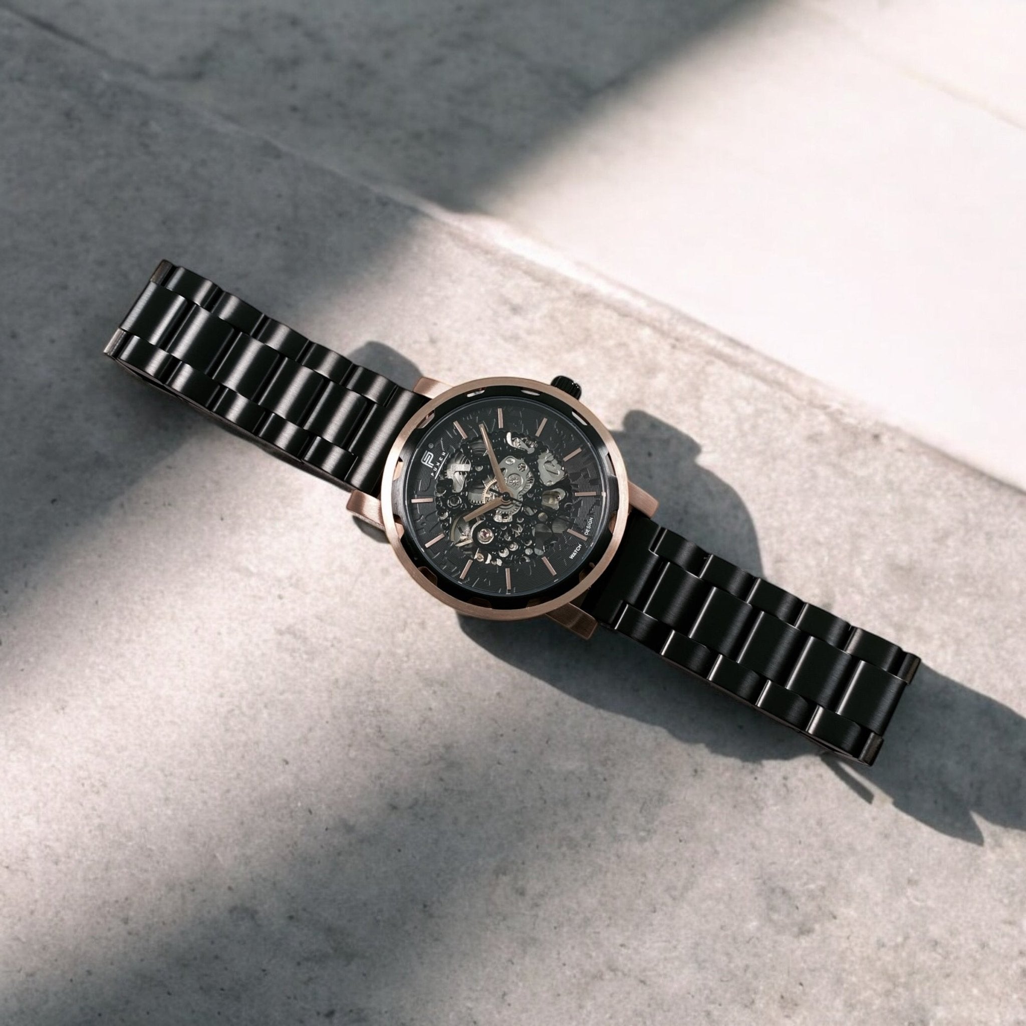 Mens Rose Gold Automatic Watch - Black Stainless Steel Strap l PUNCH - PUNCH Watch & Eyewear - Punch Watch Design