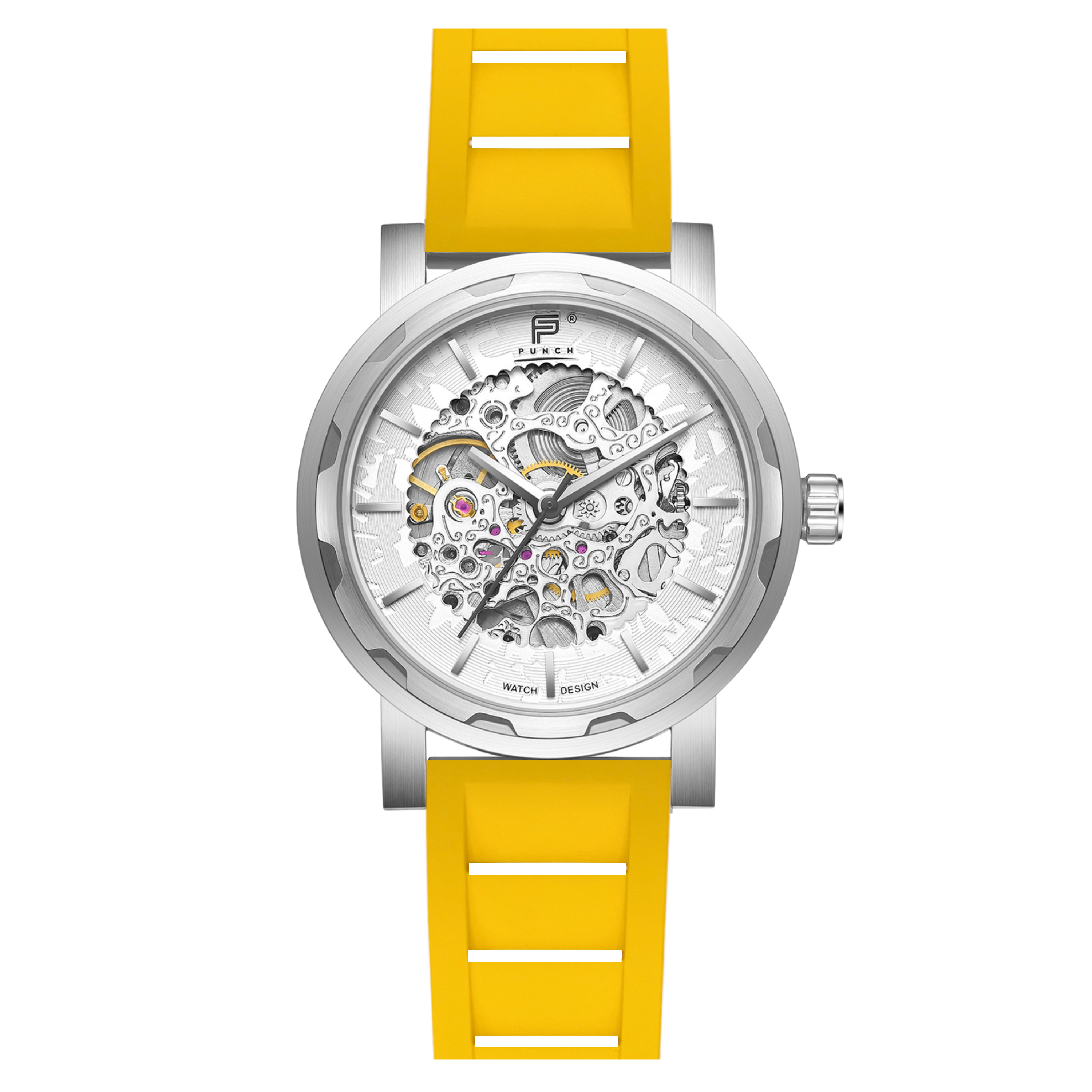 PUNCH Mens Watch, Silver & White Skeleton Automatic Watch - Yellow Rubber Strap - Punch Watch Design 