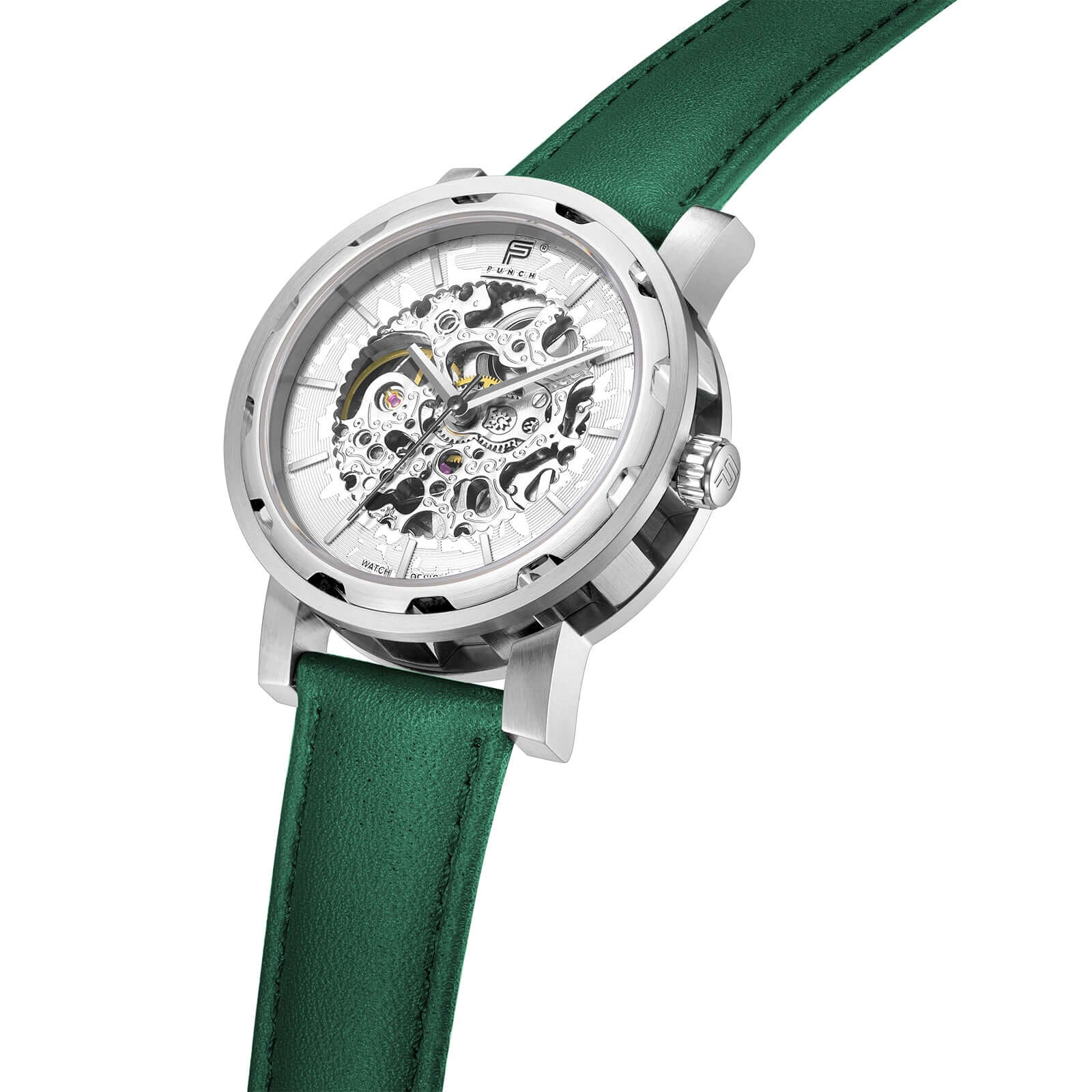 Mens Silver Automatic Watch - Green Leather Strap l PUNCH - PUNCH Watch & Eyewear - Punch Watch Design