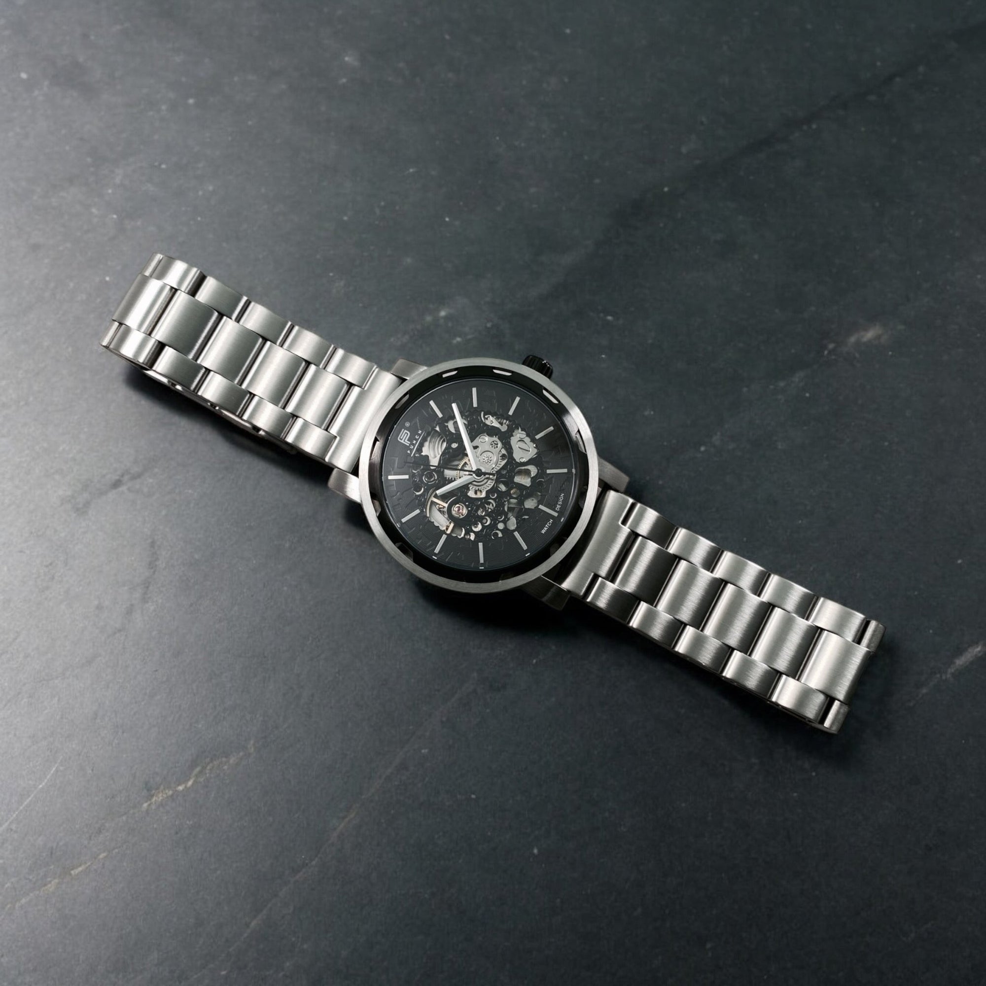 Mens Black Automatic Watch - Silver Stainless Steel Strap l PUNCH - PUNCH Watch & Eyewear - Punch Watch Design