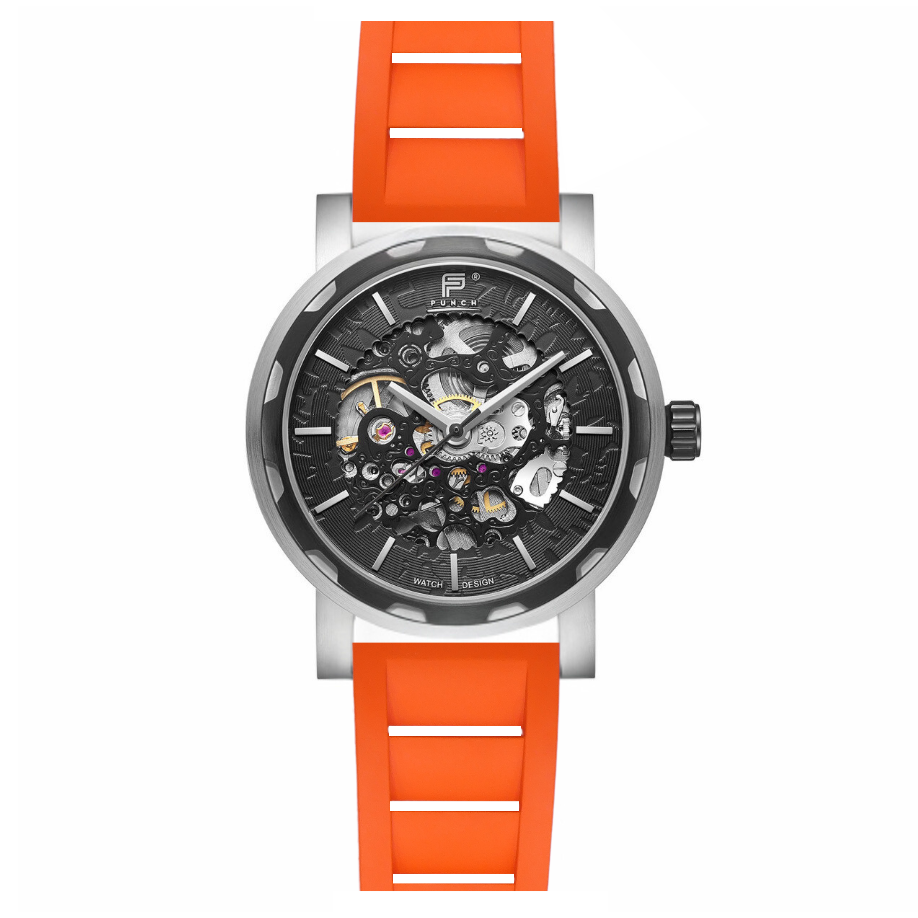 PUNCH Mens Watch, Black & Silver Skeleton Automatic Watch - Orange Rubber Strap - Punch Watch Design 