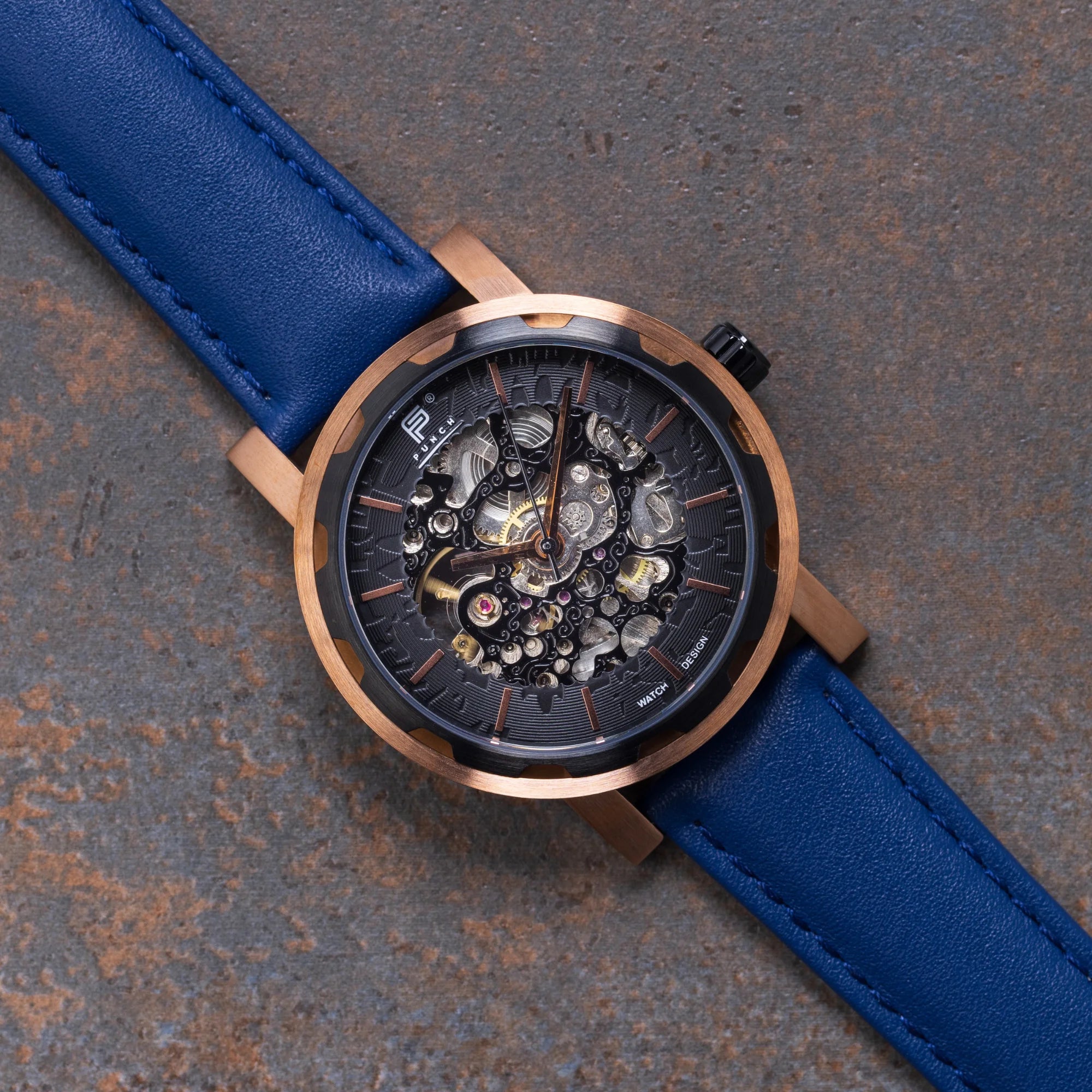 Mens rose gold watch, blue strap, semper by PUNCH Watch mobile banner