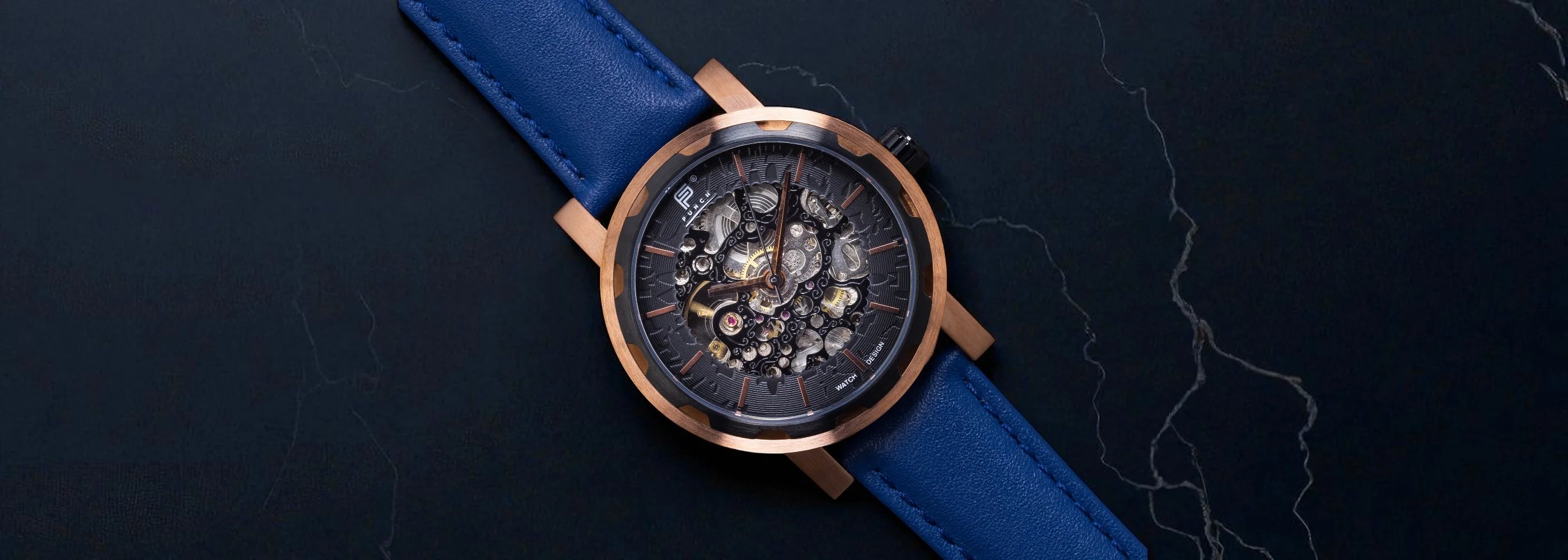 Mens rose gold watch, blue strap, semper by PUNCH Watch