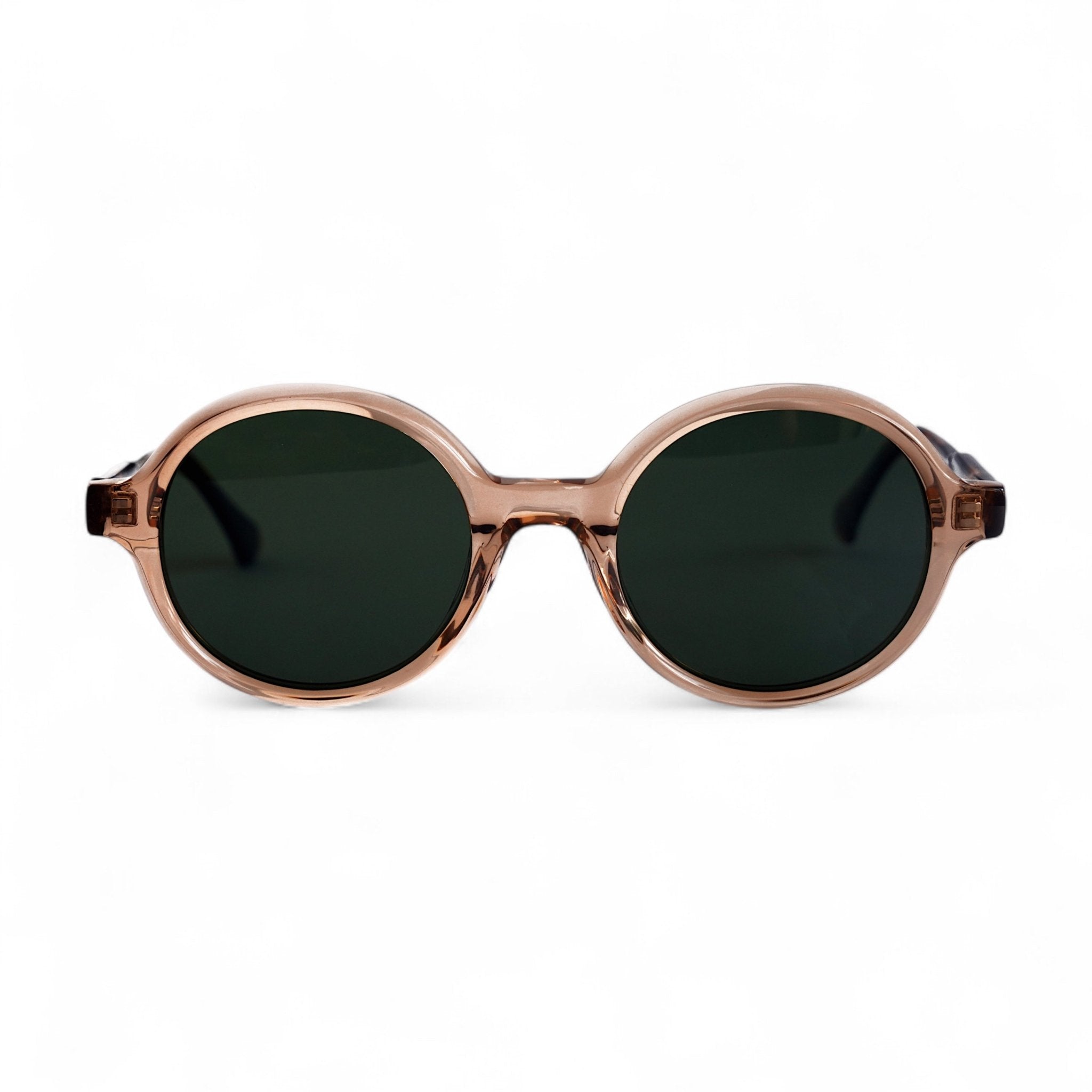 KIVA Fully Rounded Champagne Sunglasses, Tortoise Arms, Green Lens by TrueVivid - PUNCH Watch & Eyewear - TRUEVIVID