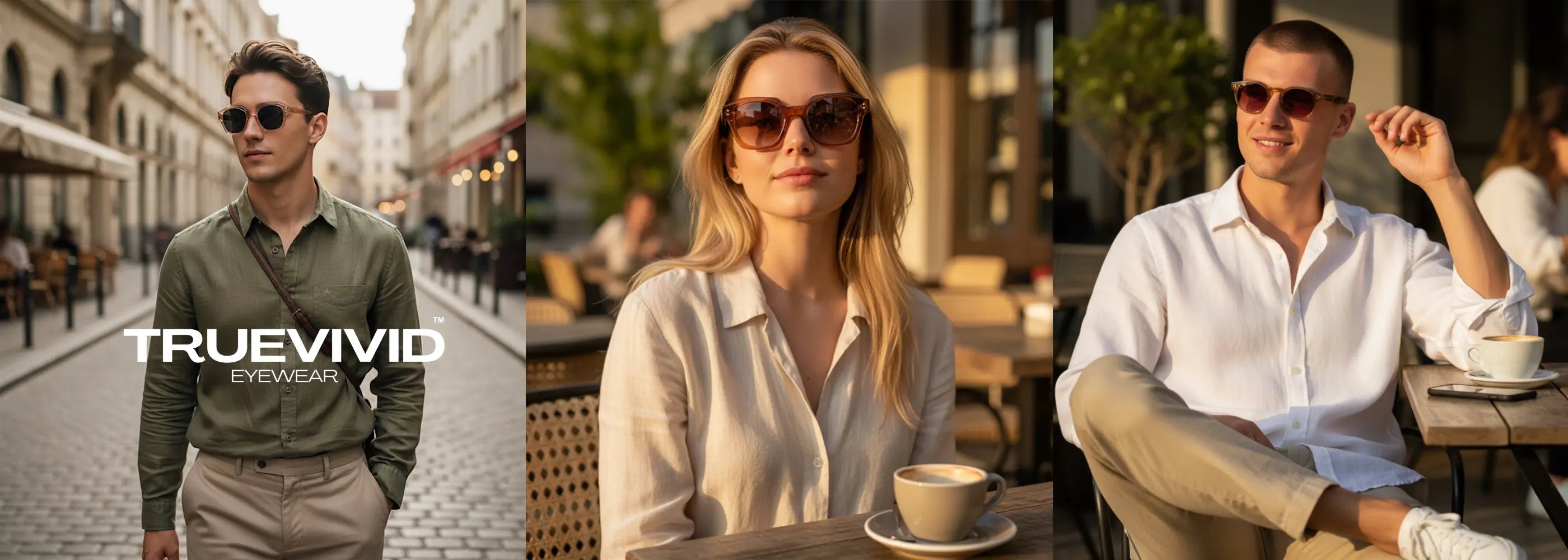 TrueVivid Eyewear Banner, models wearing affordable sunglasses - desktop