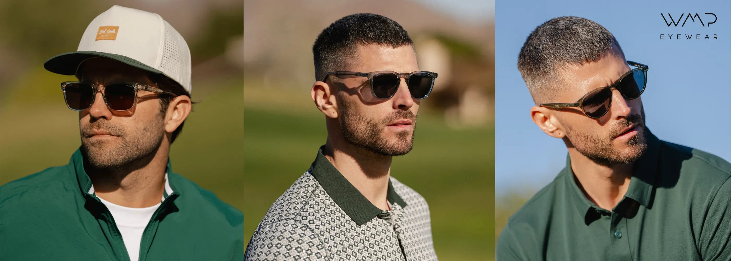 Men wearing WMP Eyewear Fairway sunglasses, sporty golf-inspired eyewear for men