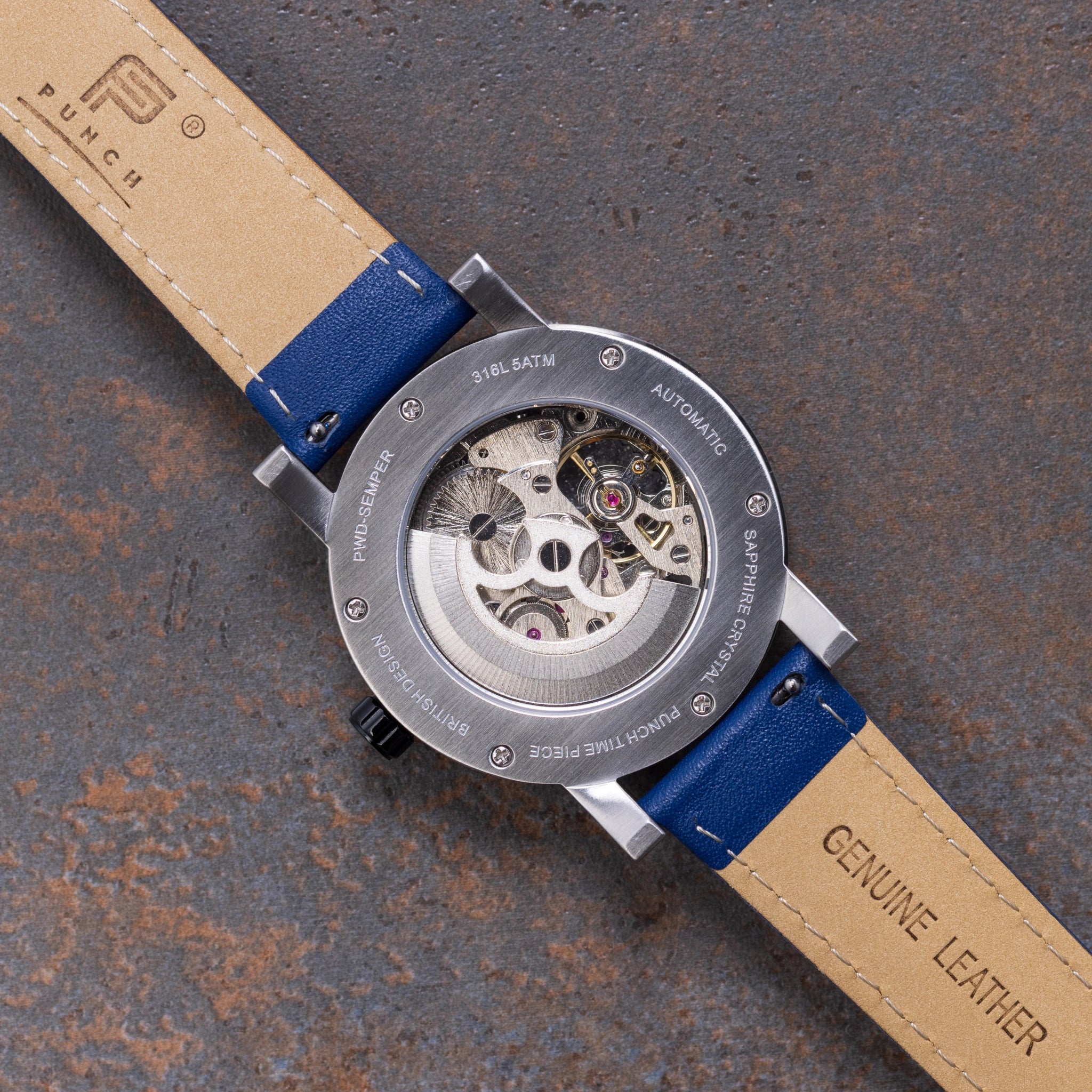 Mens Black Automatic Watch - Blue Leather Strap l PUNCH - PUNCH Watch & Eyewear - Punch Watch Design