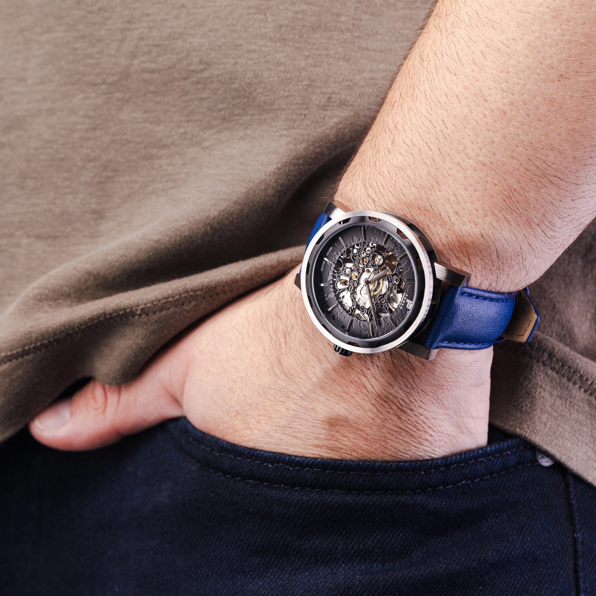 Mens Black Automatic Watch - Blue Leather Strap l PUNCH - PUNCH Watch & Eyewear - Punch Watch Design