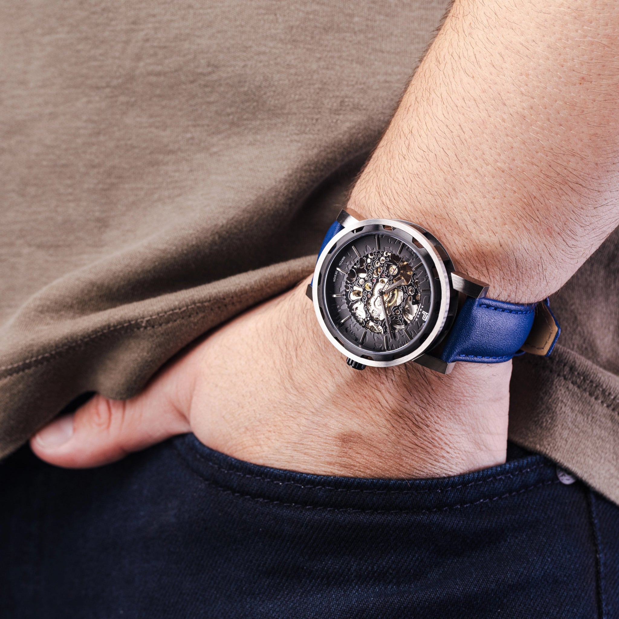 Mens Black Automatic Watch - Blue Leather Strap l PUNCH - PUNCH Watch & Eyewear - Punch Watch Design