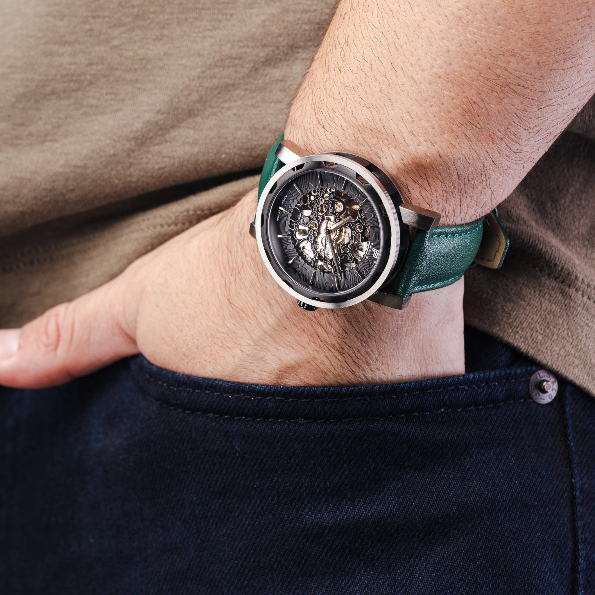 Mens Black Automatic Watch - Green Leather Strap l PUNCH - PUNCH Watch & Eyewear - Punch Watch Design