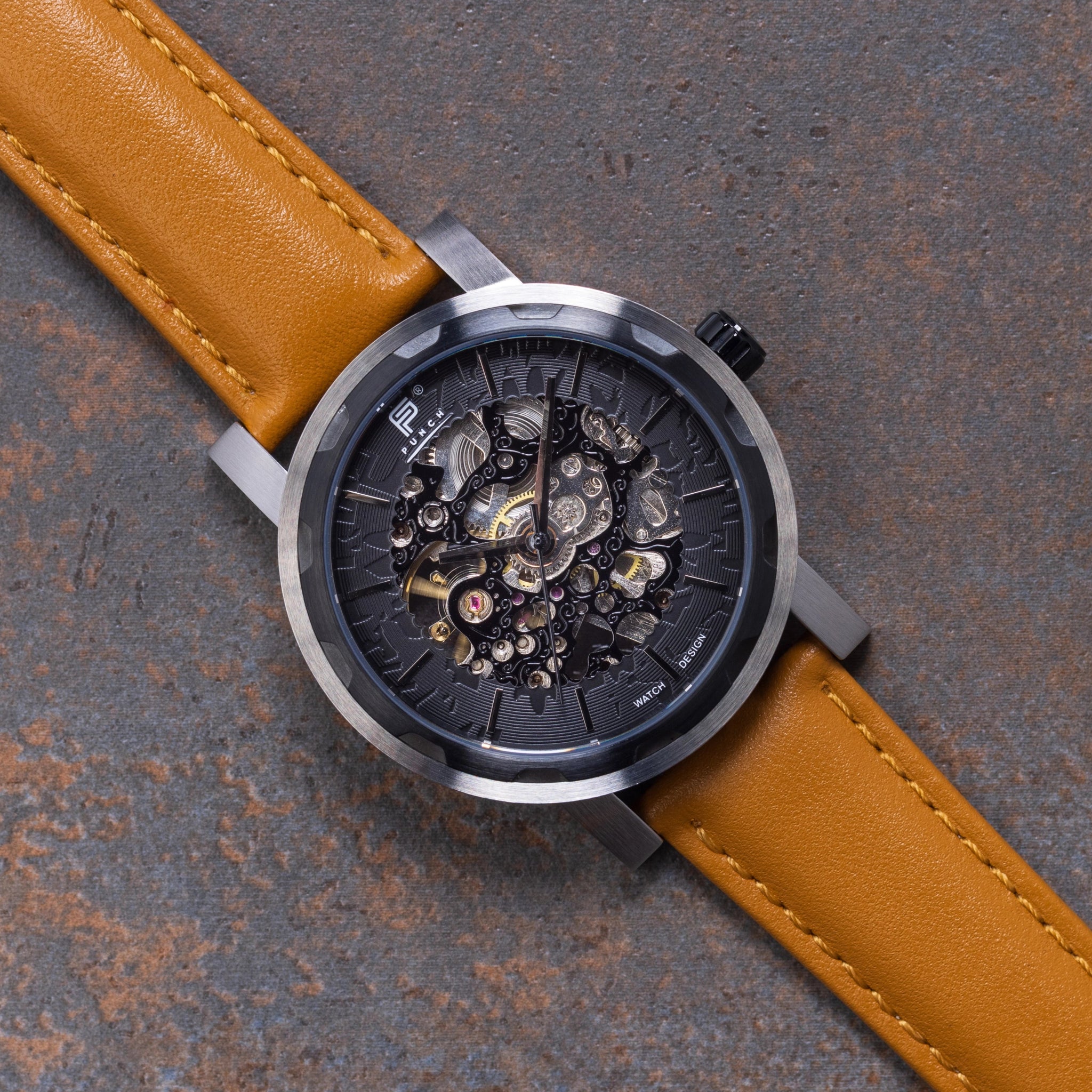 Mens Black Automatic Watch - Tan Leather Strap l PUNCH - PUNCH Watch & Eyewear - Punch Watch Design