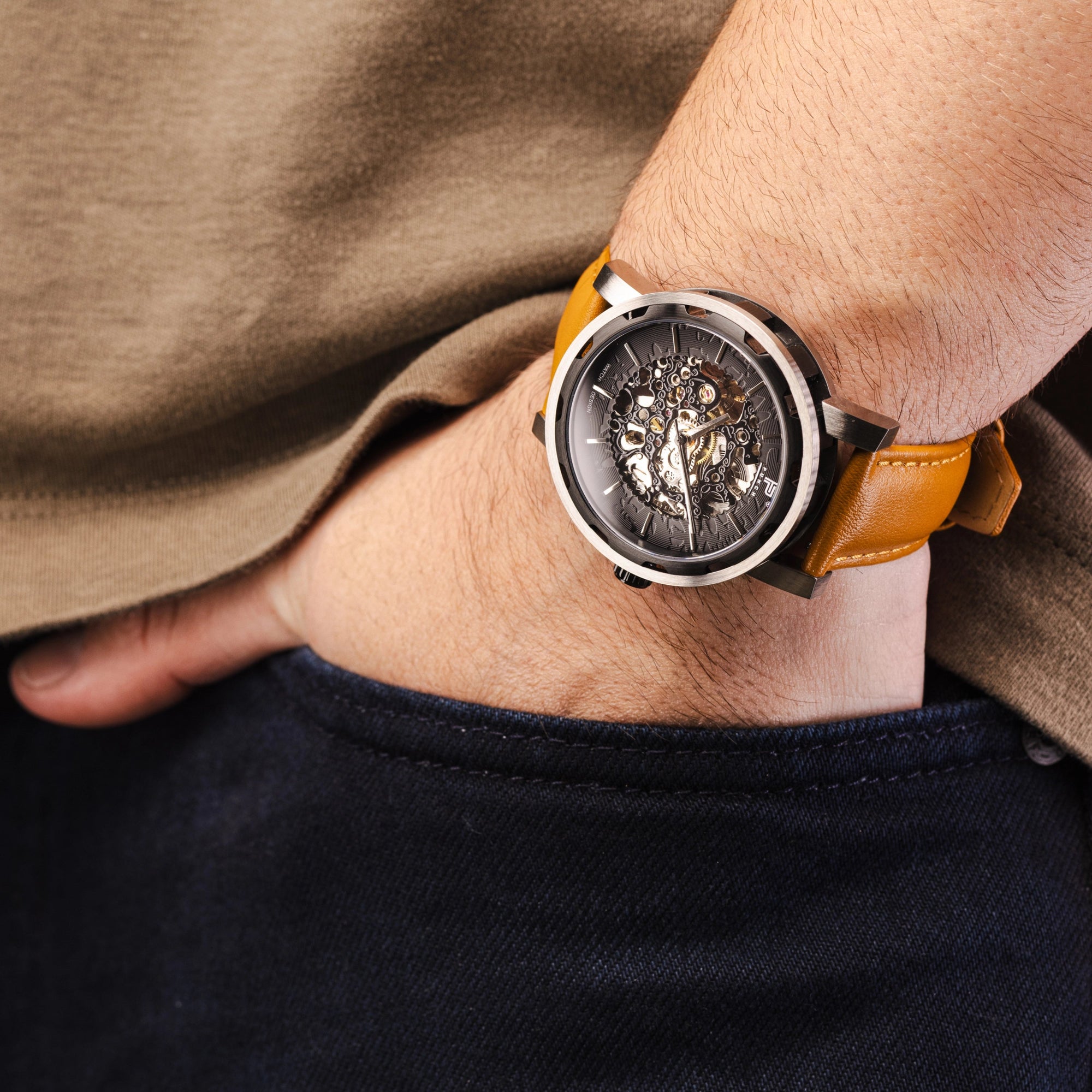 Mens Black Automatic Watch - Tan Leather Strap l PUNCH - PUNCH Watch & Eyewear - Punch Watch Design