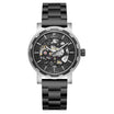 Black & Silver Mens Watch with Black Face, Skeleton Design, Black Metal Link Stainless Steel Strap - Front View, men's Watches