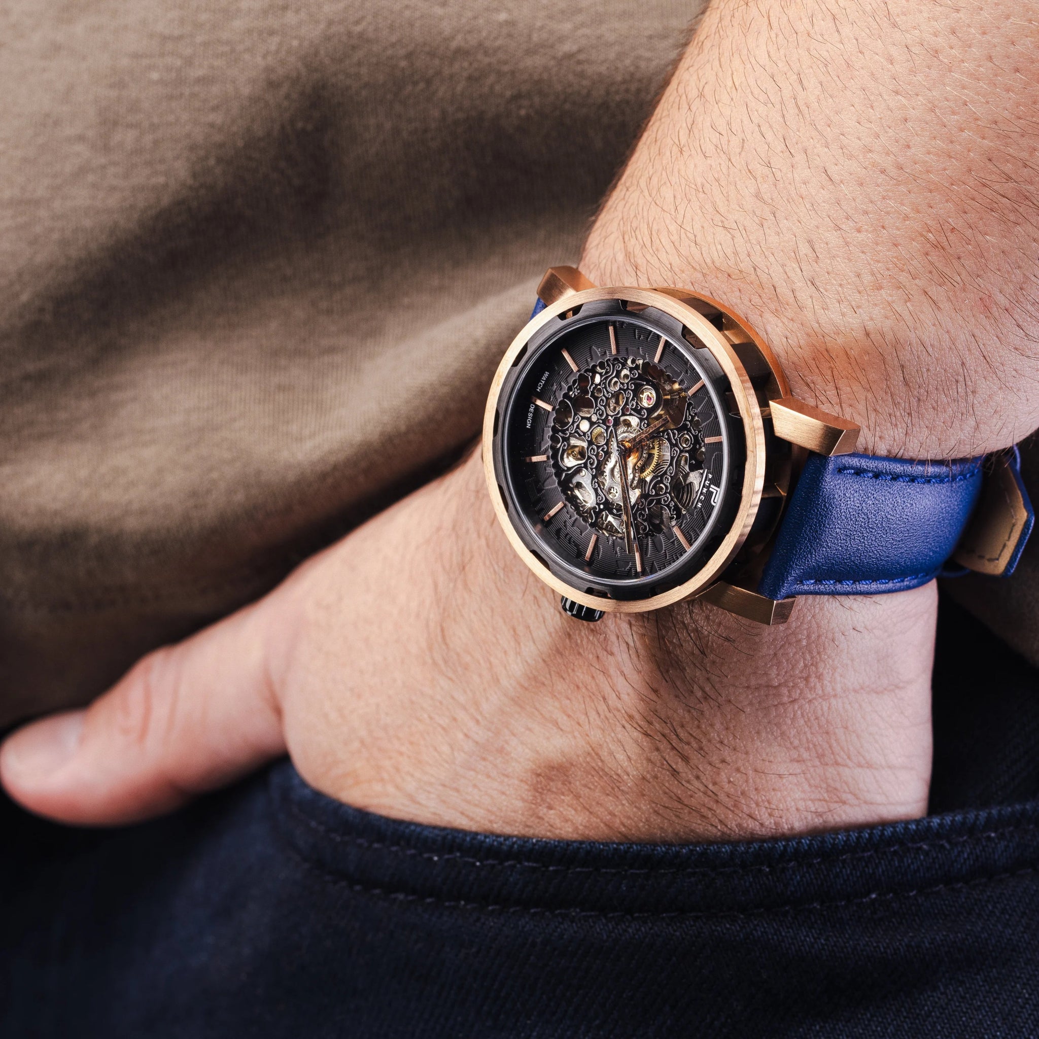 Mens Rose Gold Automatic Watch - Blue Leather Strap l PUNCH - PUNCH Watch & Eyewear - Punch Watch Design