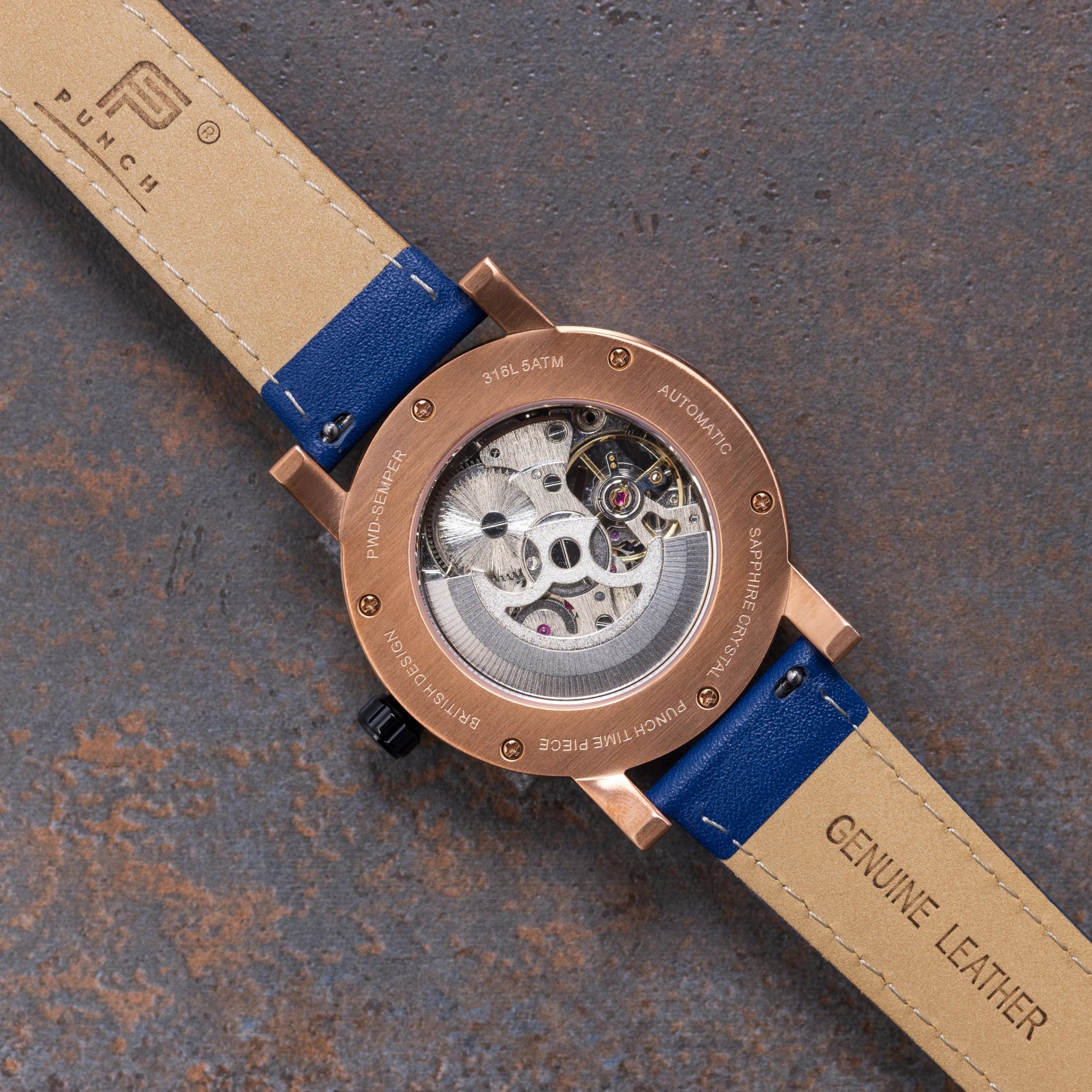 Mens Rose Gold Automatic Watch - Blue Leather Strap l PUNCH - PUNCH Watch & Eyewear - Punch Watch Design