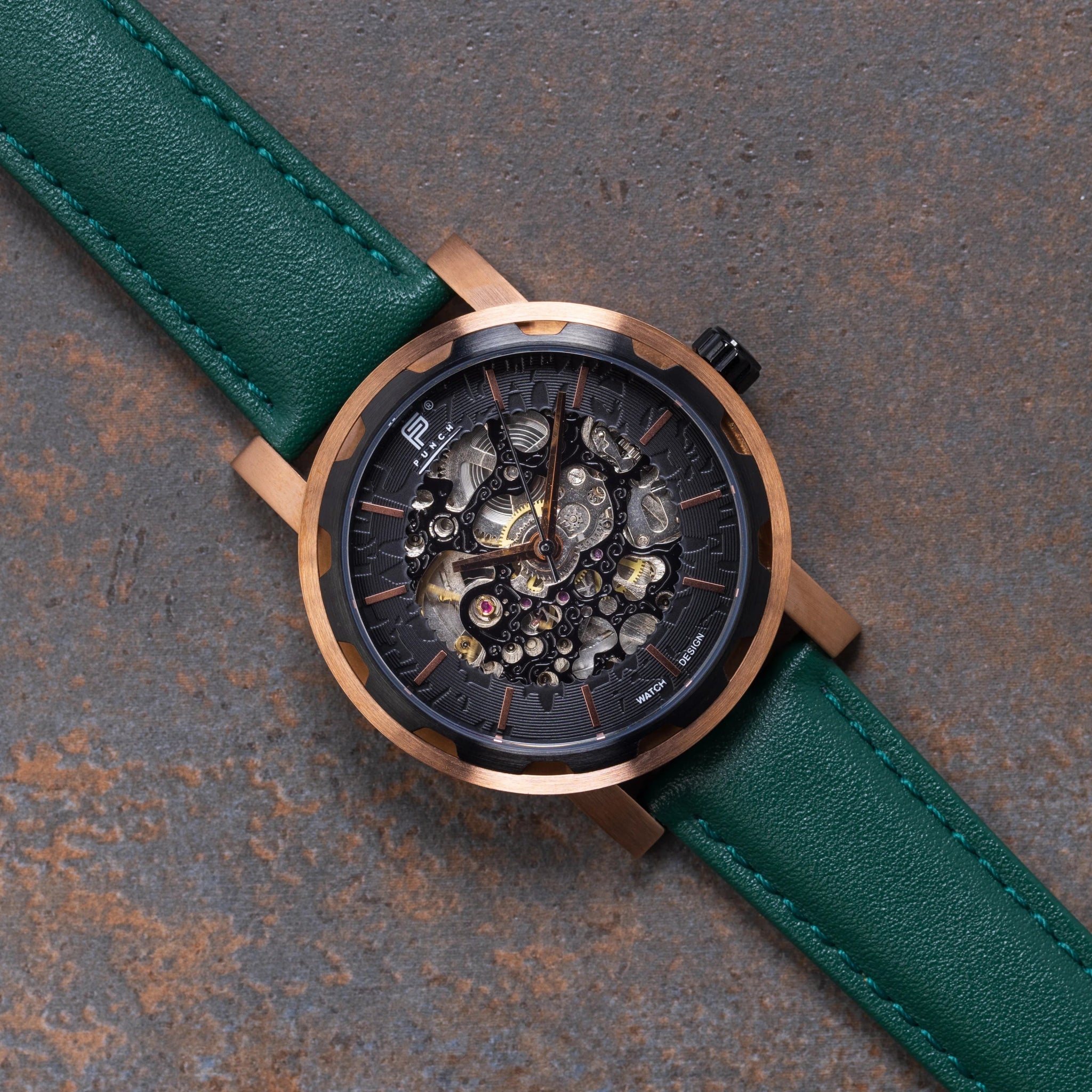 Mens Rose Gold Automatic Watch - Green Leather Strap l PUNCH - PUNCH Watch & Eyewear - Punch Watch Design