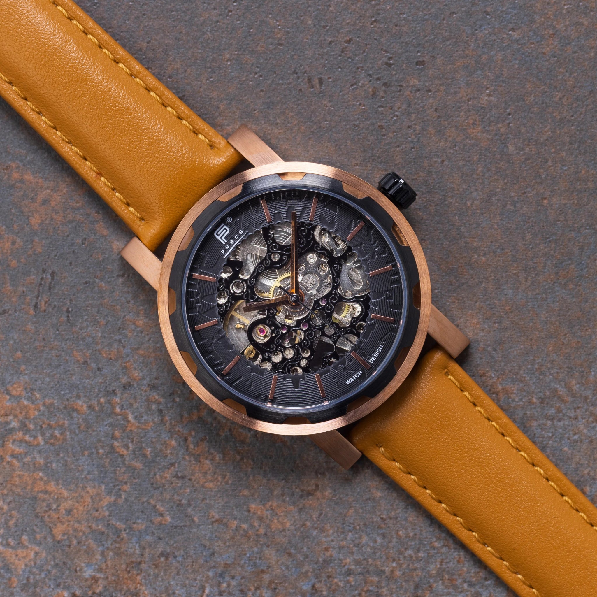 Mens Rose Gold Automatic Watch - Tan Leather Strap l PUNCH - PUNCH Watch & Eyewear - Punch Watch Design