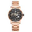 Rose Gold Mens Watch with Black Face, Skeleton Design, Rose gold metal watch band - Front View, men's Watches