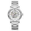 Silver Mens Watch with white Face, Skeleton Design, silver Metal Link Stainless Steel Strap - Front View, men's Watches