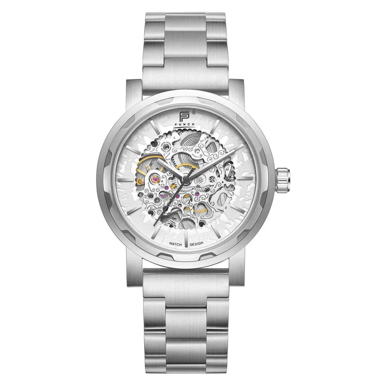 Silver Mens Watch with white Face, Skeleton Design, silver Metal Link Stainless Steel Strap - Front View, men's Watches