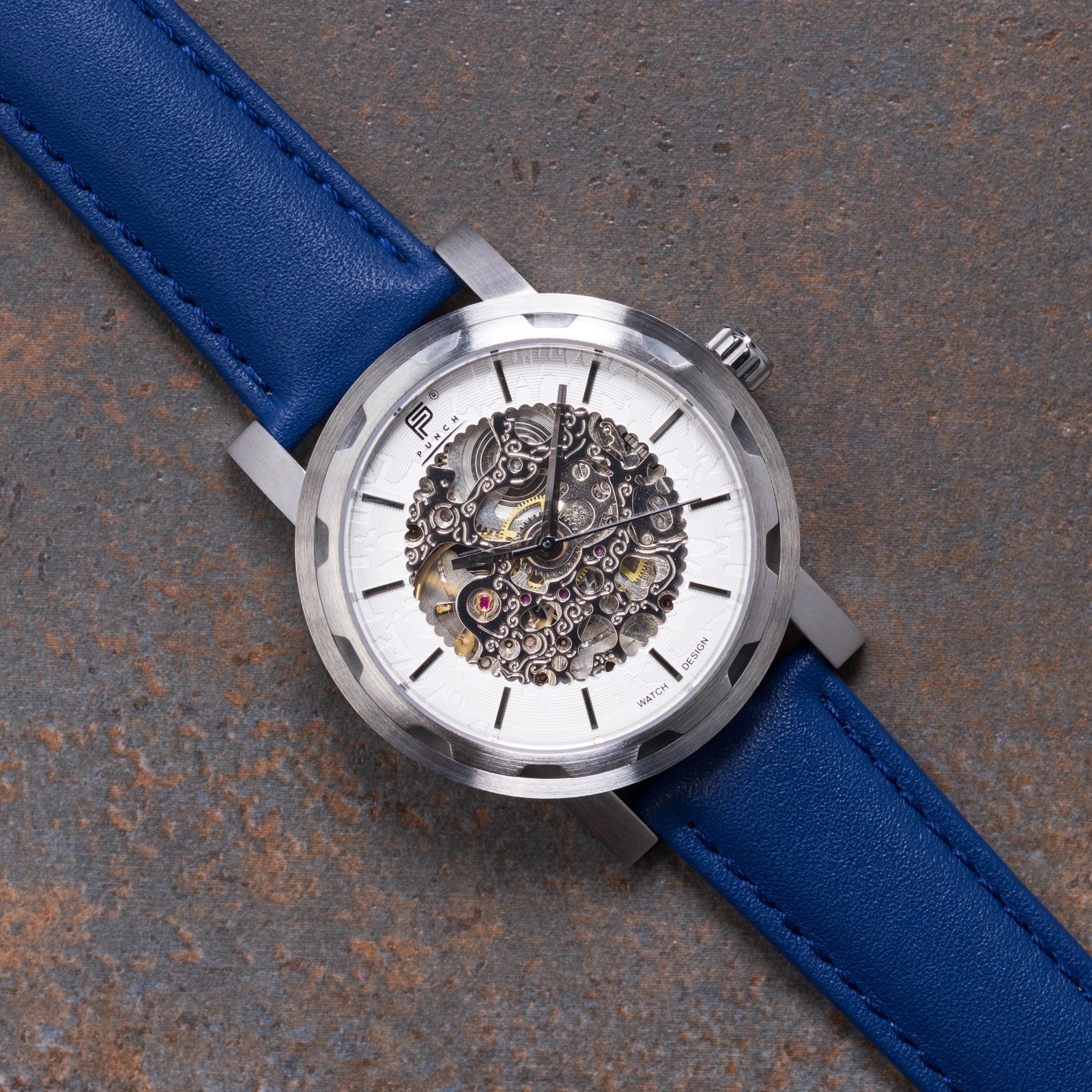 Mens Silver Automatic Watch - Blue Leather Strap l PUNCH - PUNCH Watch & Eyewear - Punch Watch Design