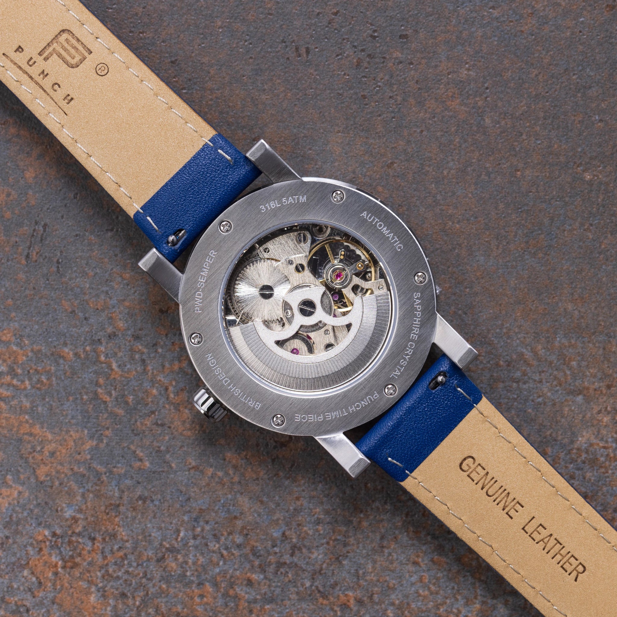 Mens Silver Automatic Watch - Blue Leather Strap l PUNCH - PUNCH Watch & Eyewear - Punch Watch Design