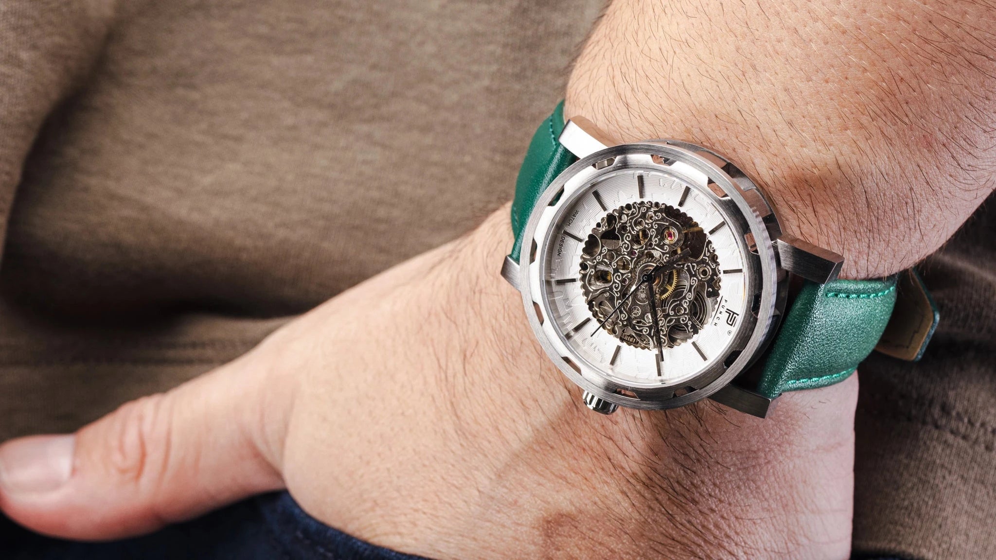 Mens Silver Automatic Watch - Green Leather Strap l PUNCH - PUNCH Watch & Eyewear - Punch Watch Design