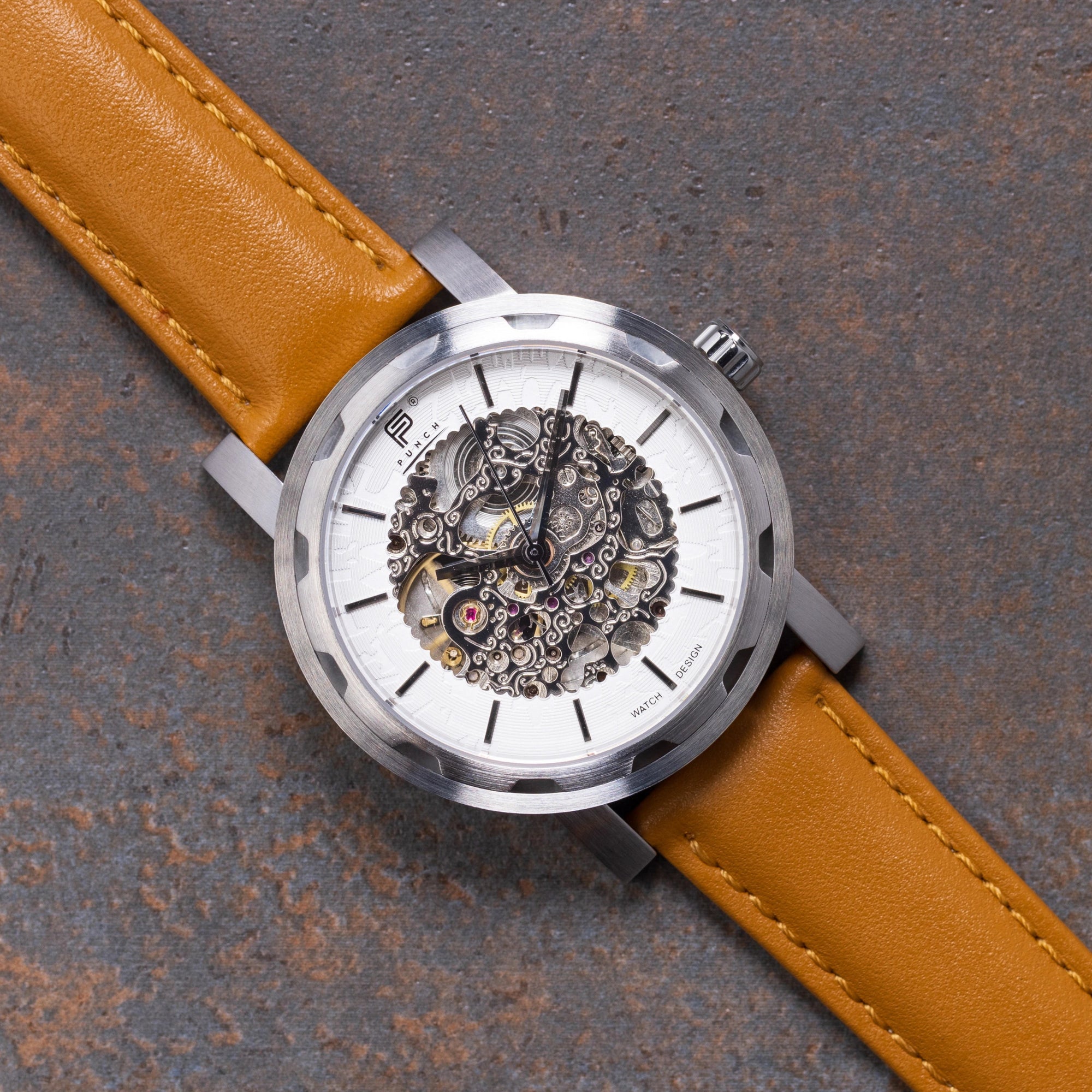 Mens Silver Automatic Watch - Tan Leather Strap l PUNCH - PUNCH Watch & Eyewear - Punch Watch Design