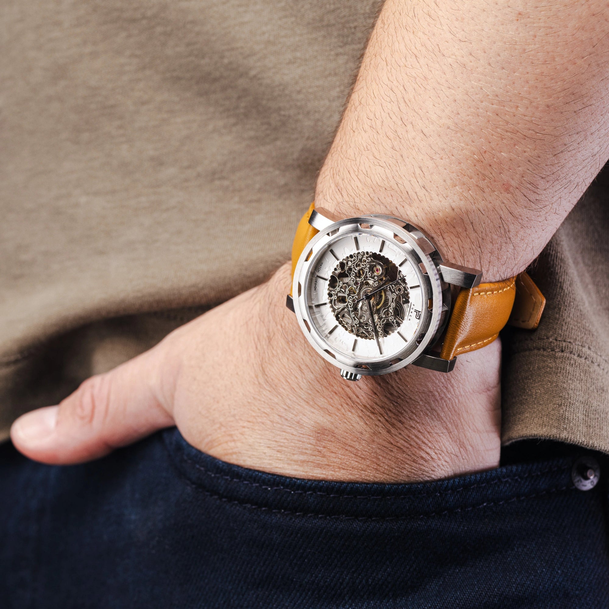 Mens Silver Automatic Watch - Tan Leather Strap l PUNCH - PUNCH Watch & Eyewear - Punch Watch Design