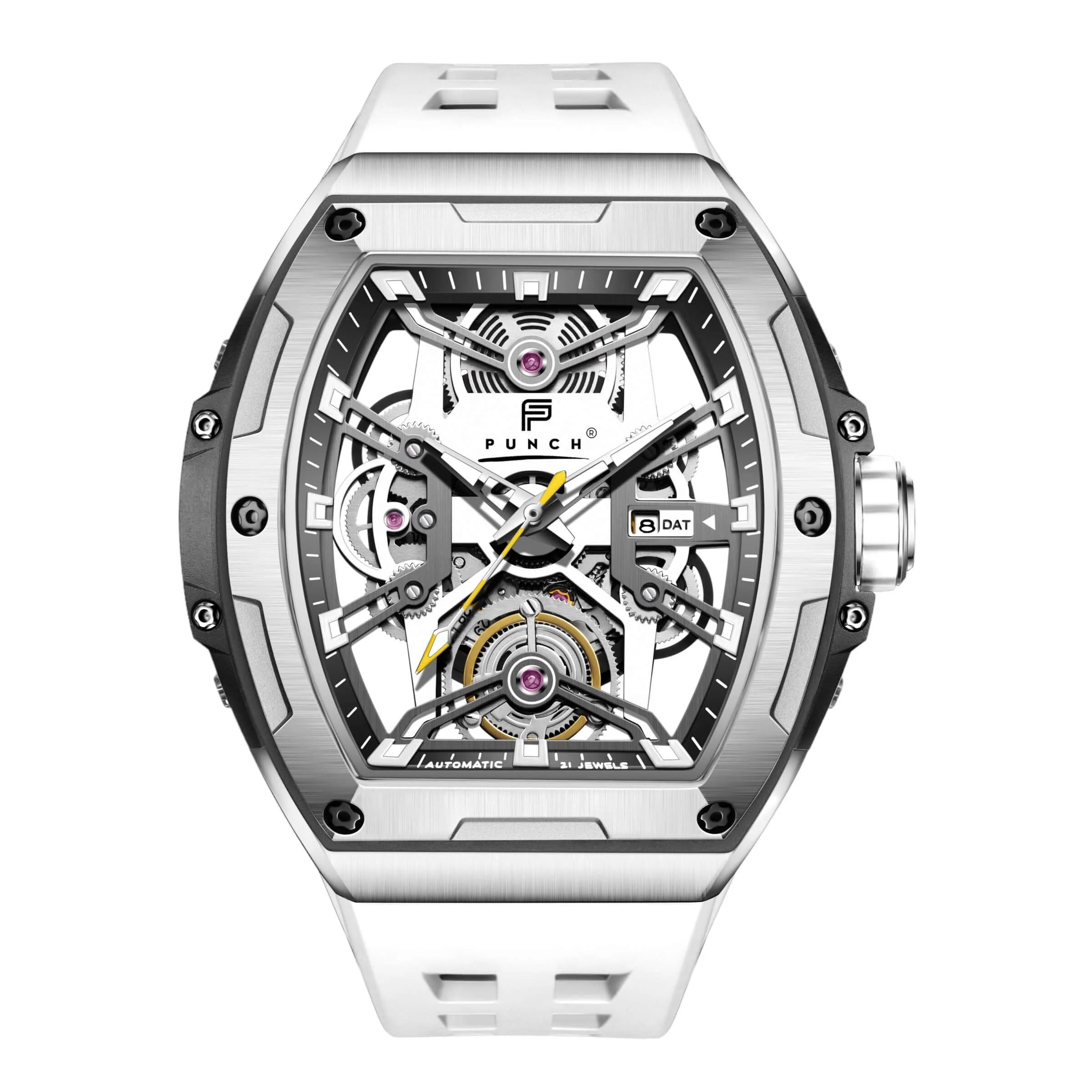 Chunky square, white and silver Skeleton mens watch, skeleton style case with visible watch mechanism, white rubber Watch strap 