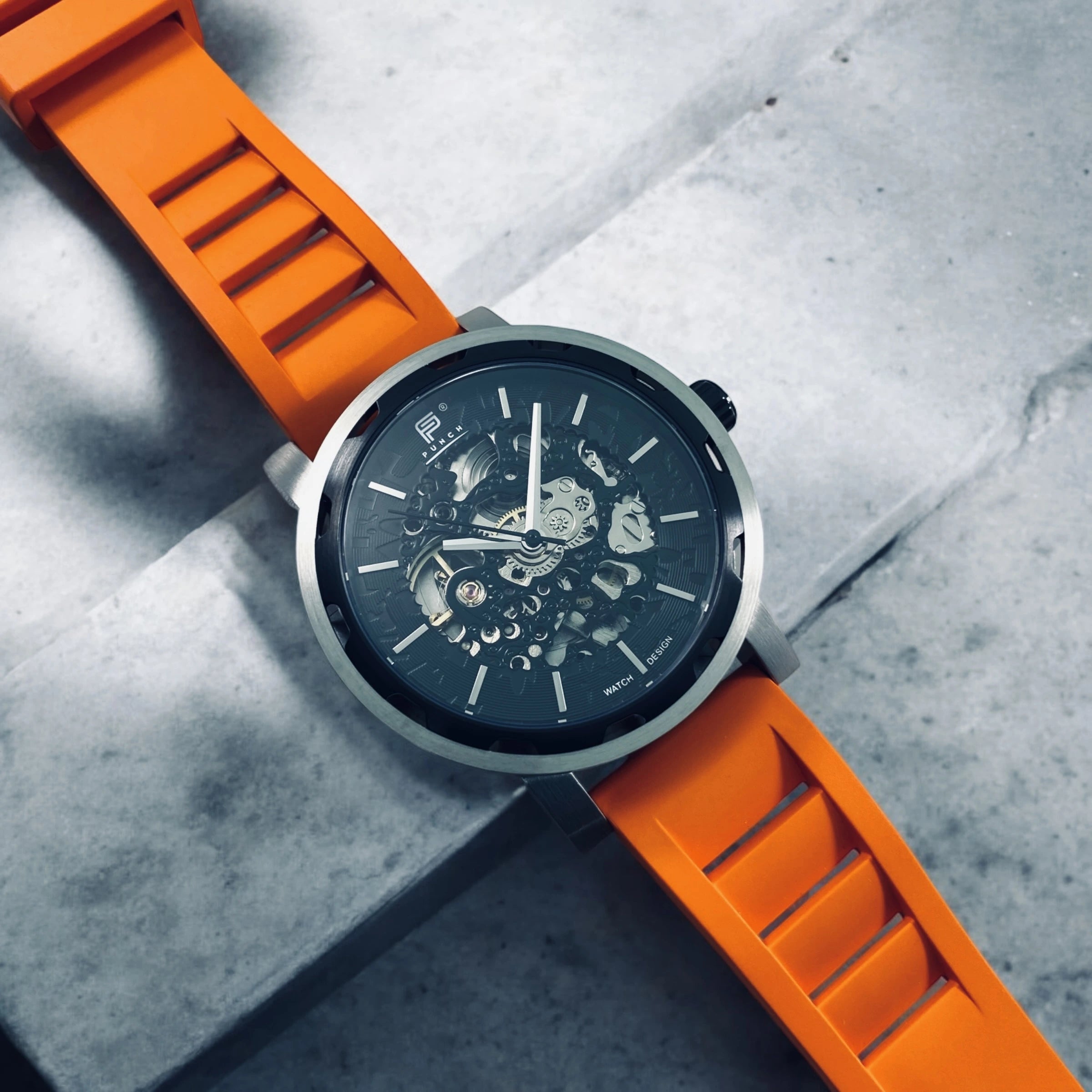 PUNCH black watch with orange strap,  bold men’s automatic watch with modern style