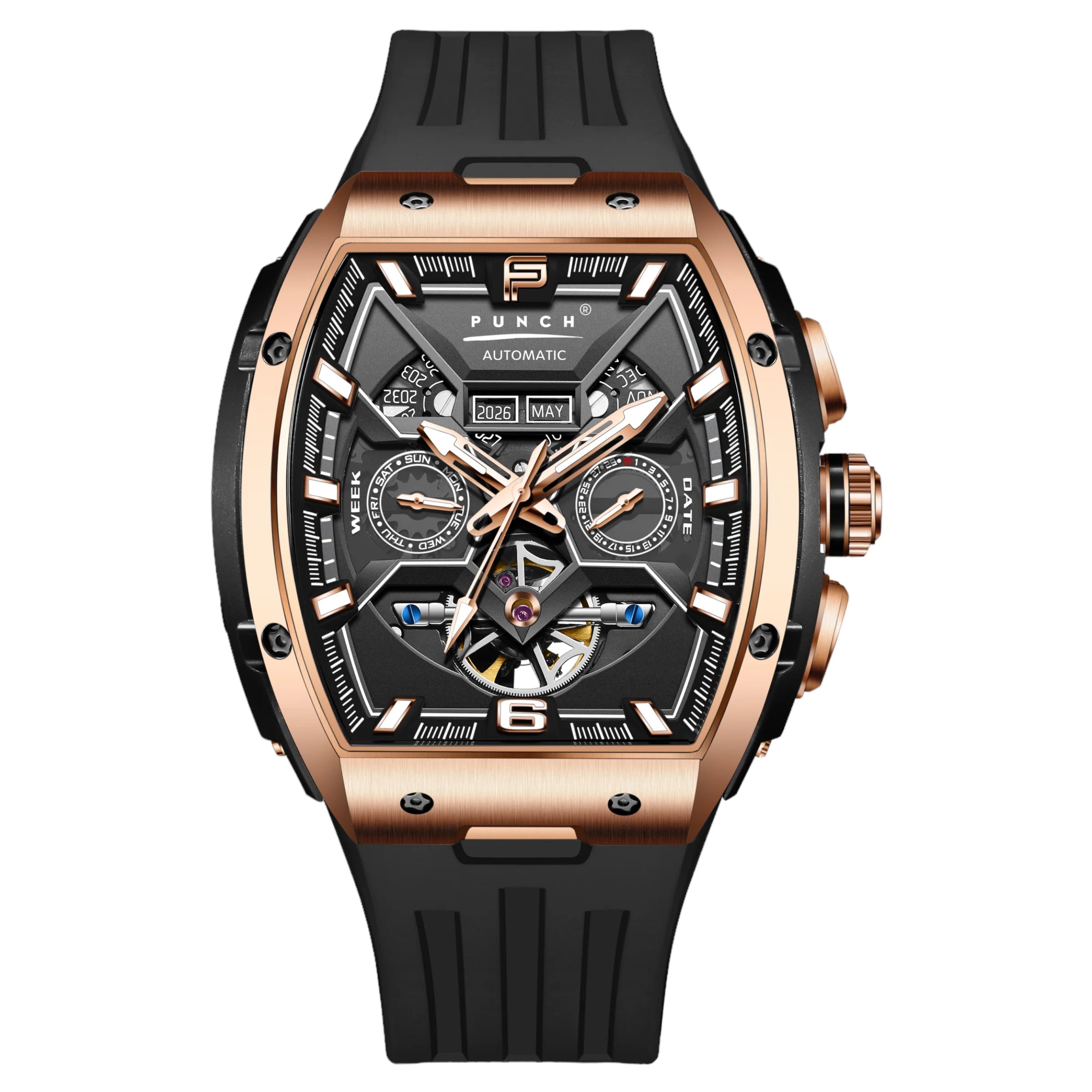 PUNCH Rose Gold & Black Square Automatic Men's Watch - Black Silicone Strap - Punch Watch Design 