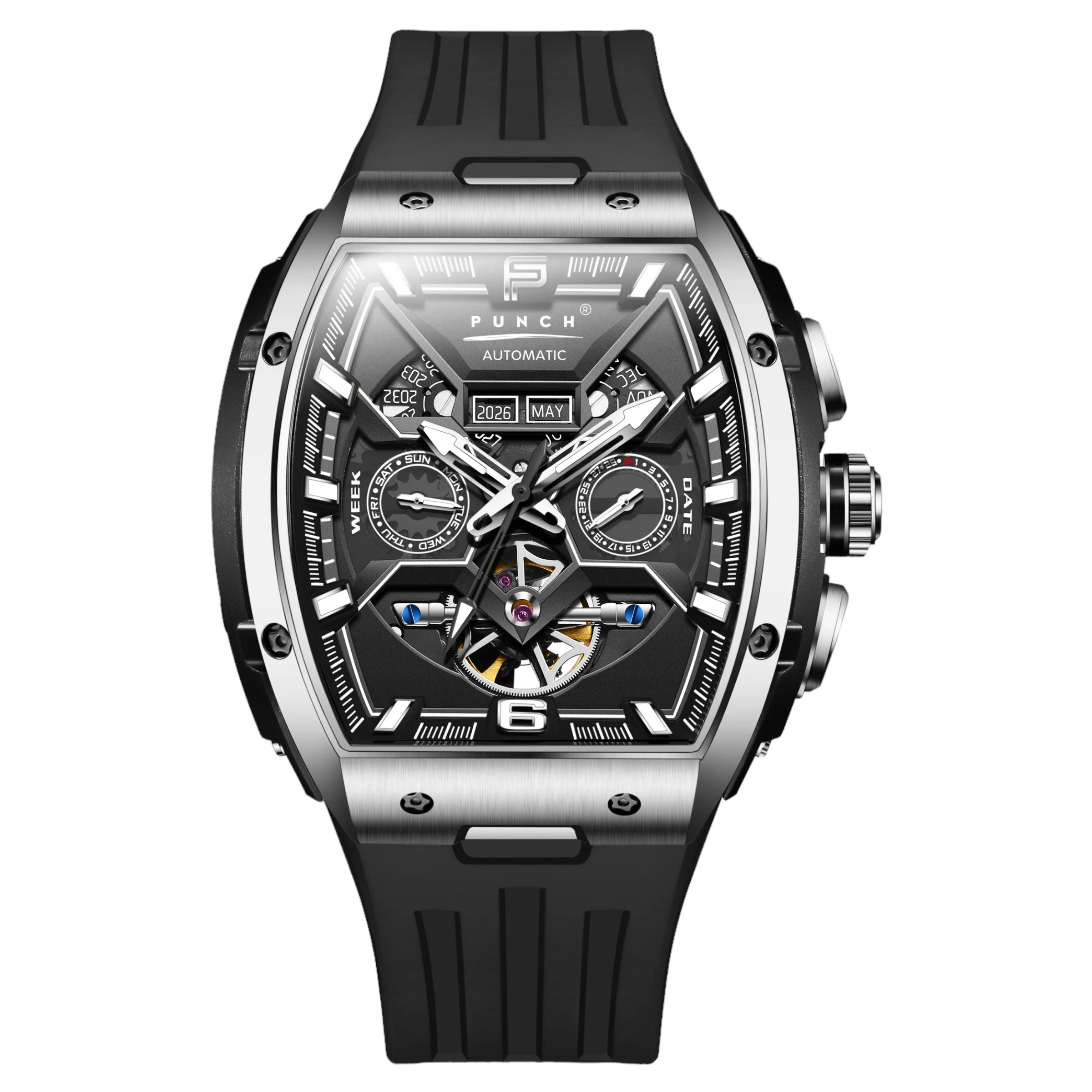 PUNCH Silver & Black Square Automatic Men's Watch - Black Silicone Strap - Punch Watch Design 