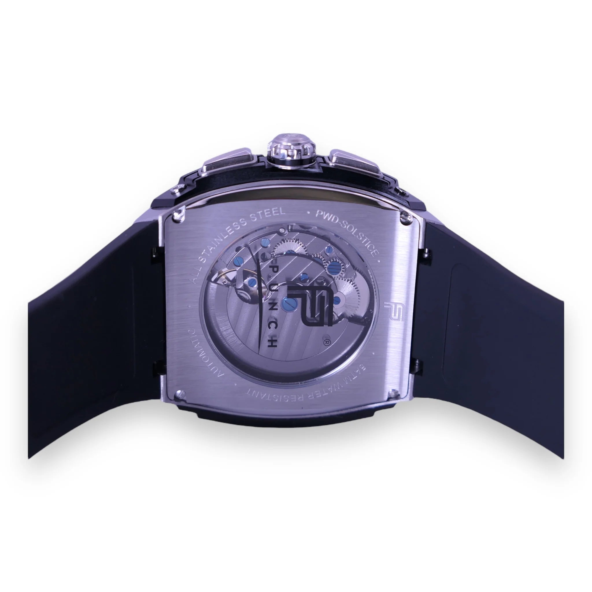 PUNCH Silver & Black Square Automatic Men's Watch - Black Silicone Strap - Punch Watch Design 
