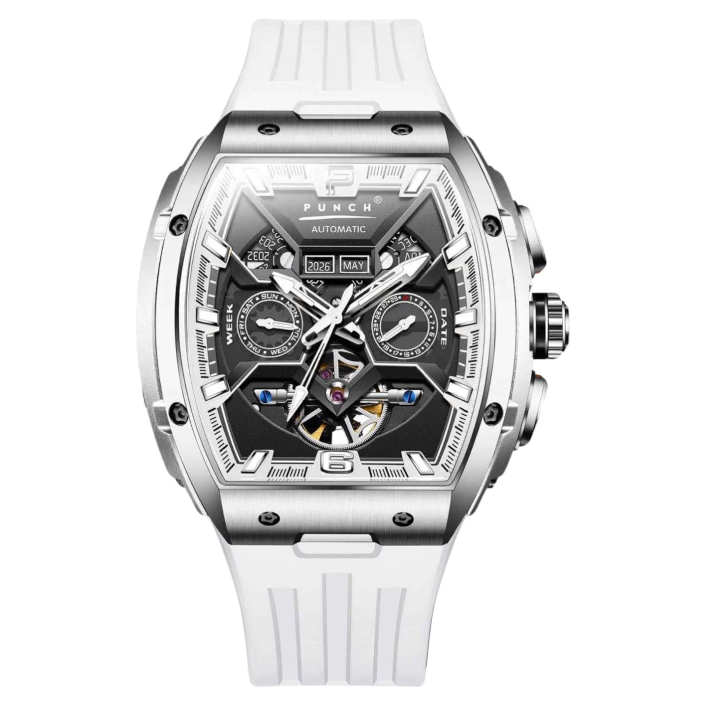 PUNCH Silver & Black Square Automatic Men's Watch - White Silicone Strap - Punch Watch Design 