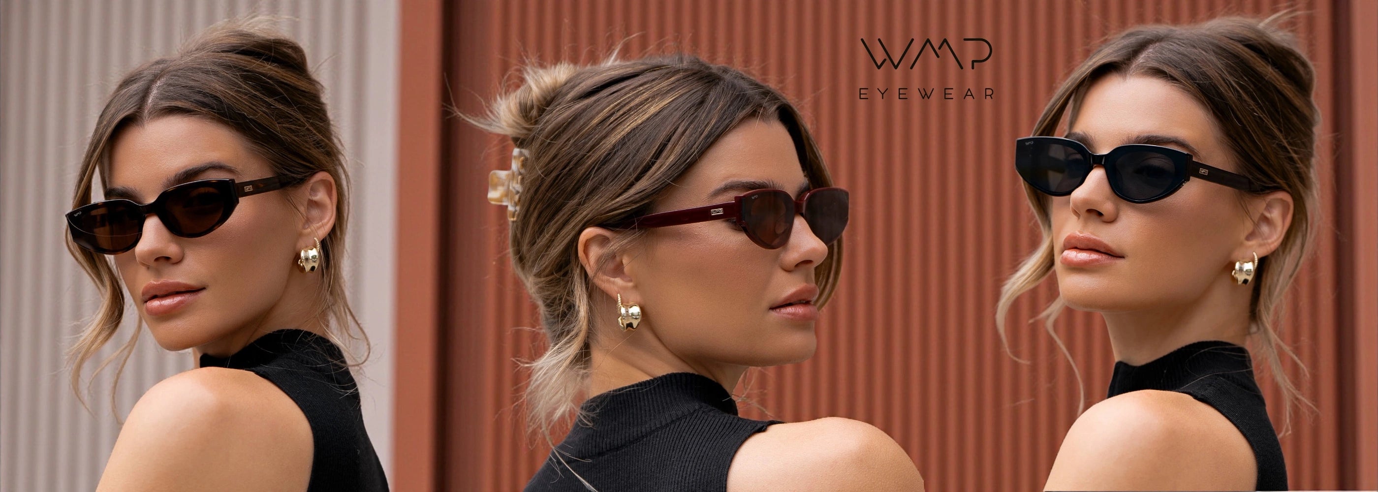 Woman wearing WMP Eyewear ASTRA cat-eye sunglasses, chic fashion shades for women