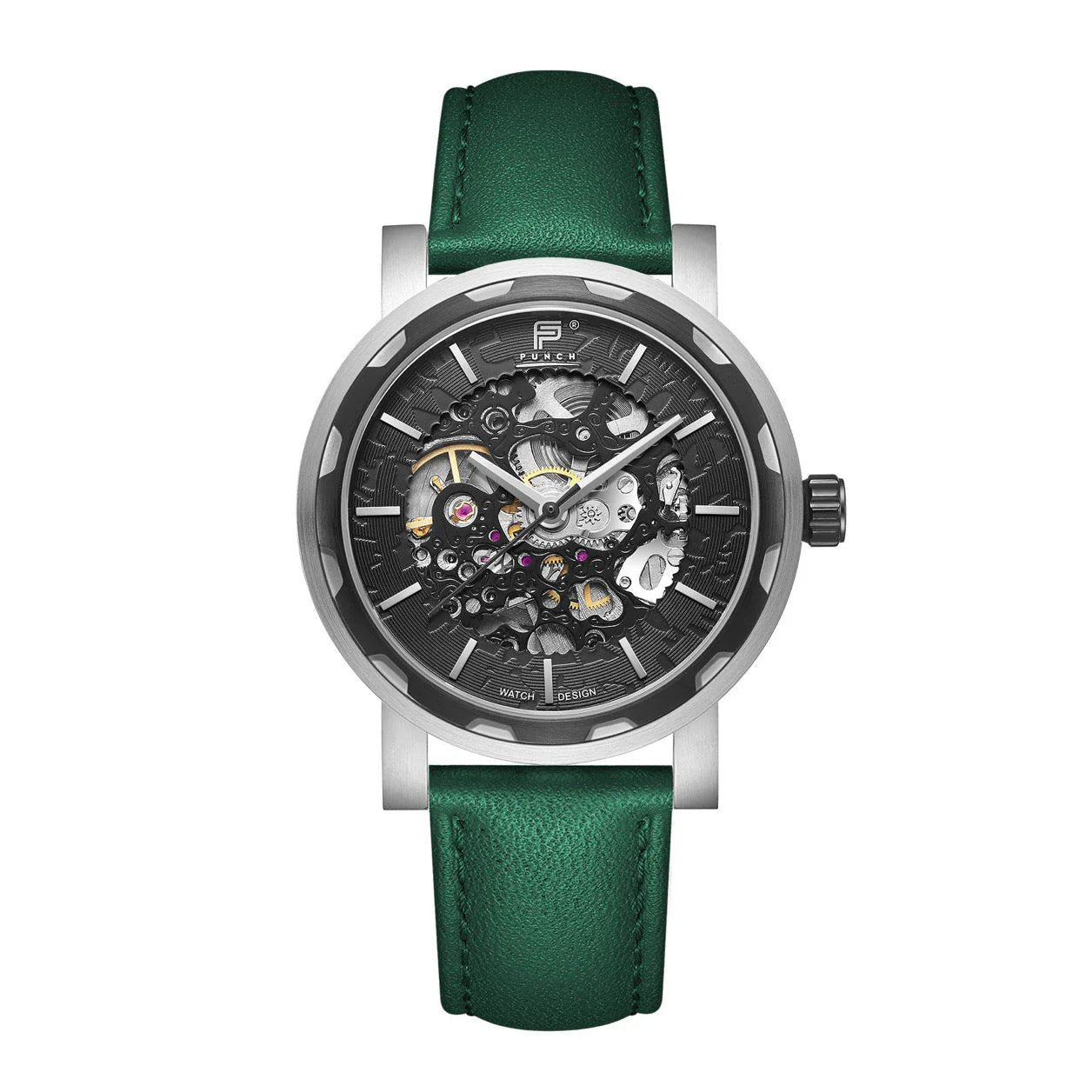 Mens Black Automatic Watch - Green Leather Strap l PUNCH - PUNCH Watch & Eyewear - Punch Watch Design