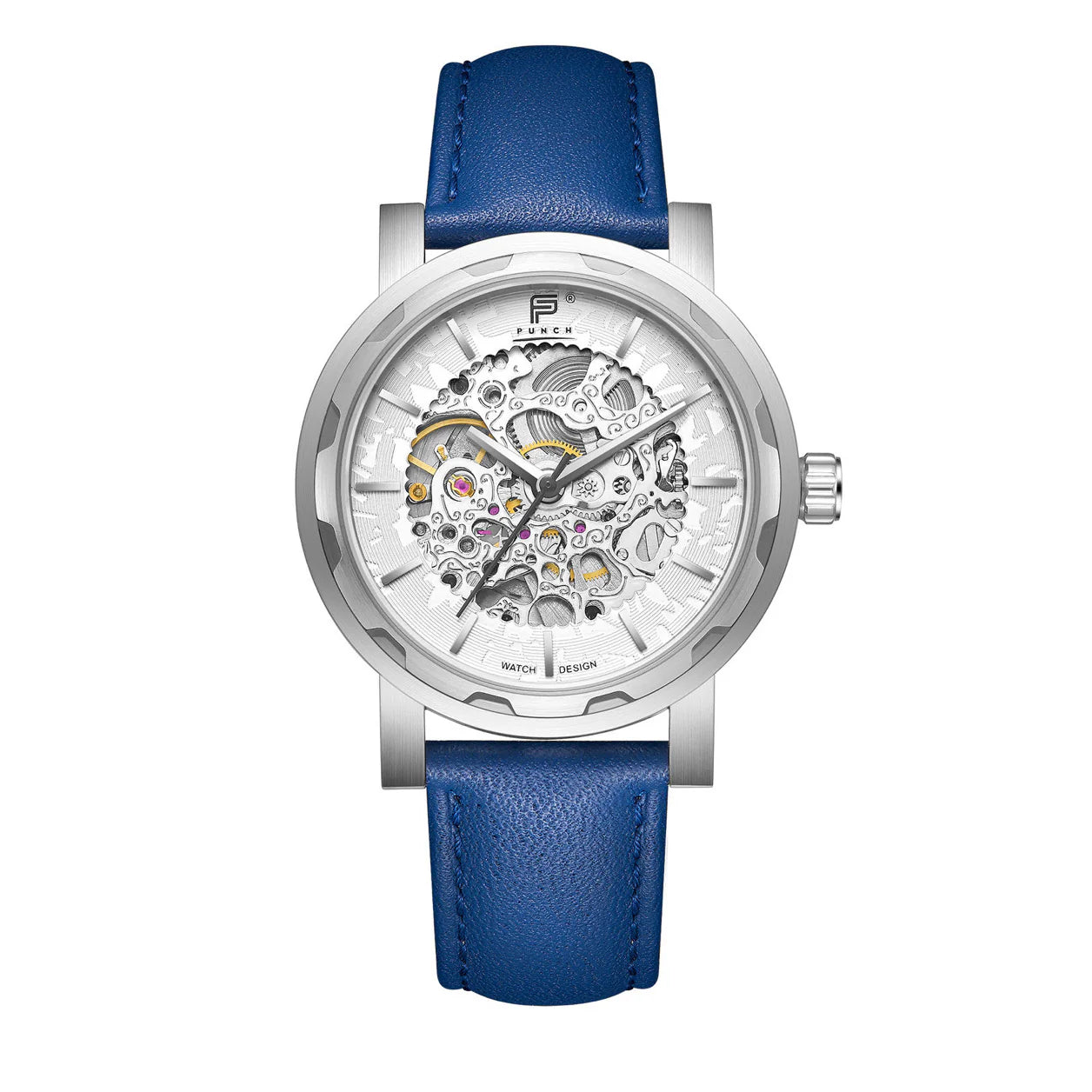 PUNCH Men's Silver & White Automatic Skeleton Watch - Blue Leather Strap - Punch Watch Design 