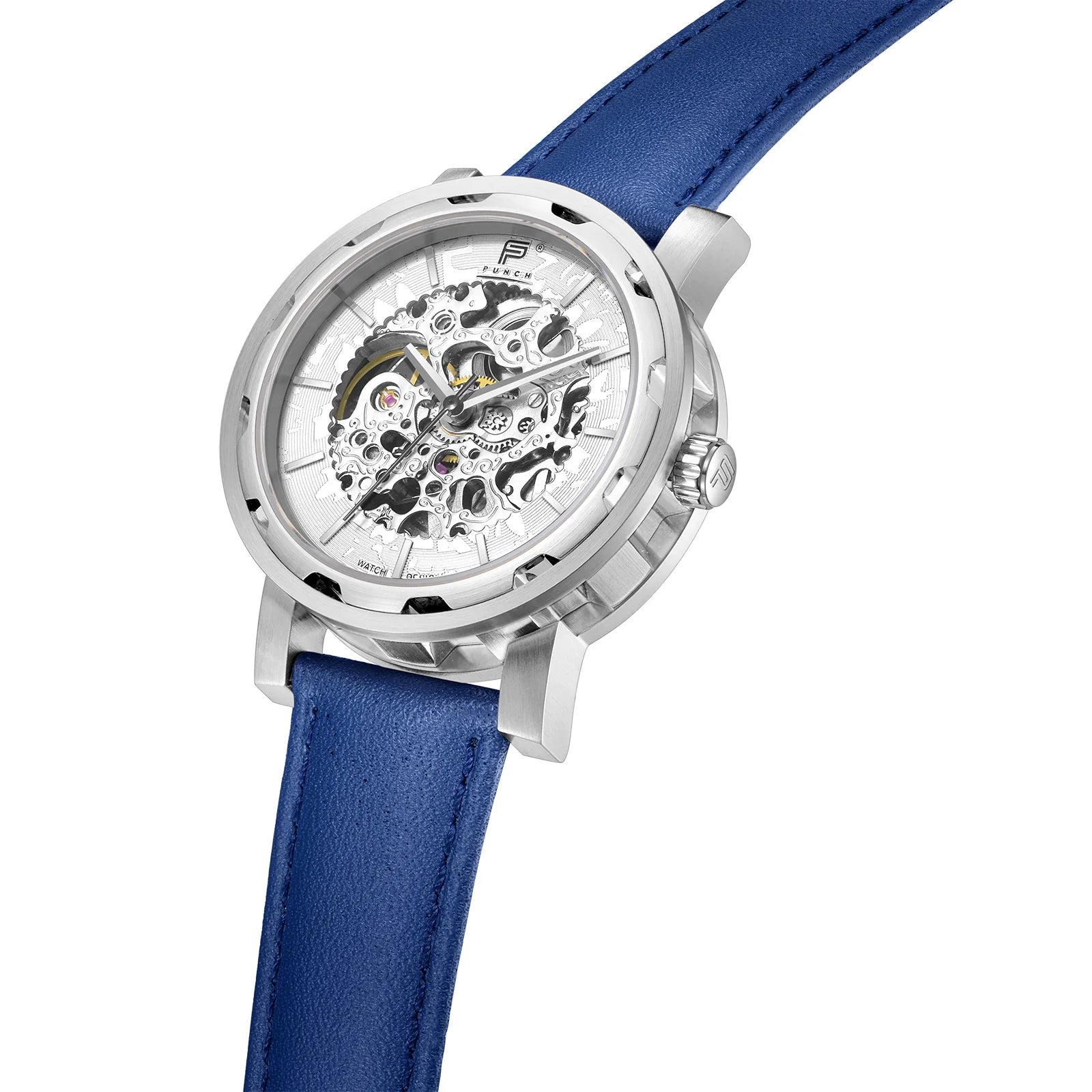 Mens Silver Automatic Watch - Blue Leather Strap l PUNCH - PUNCH Watch & Eyewear - Punch Watch Design