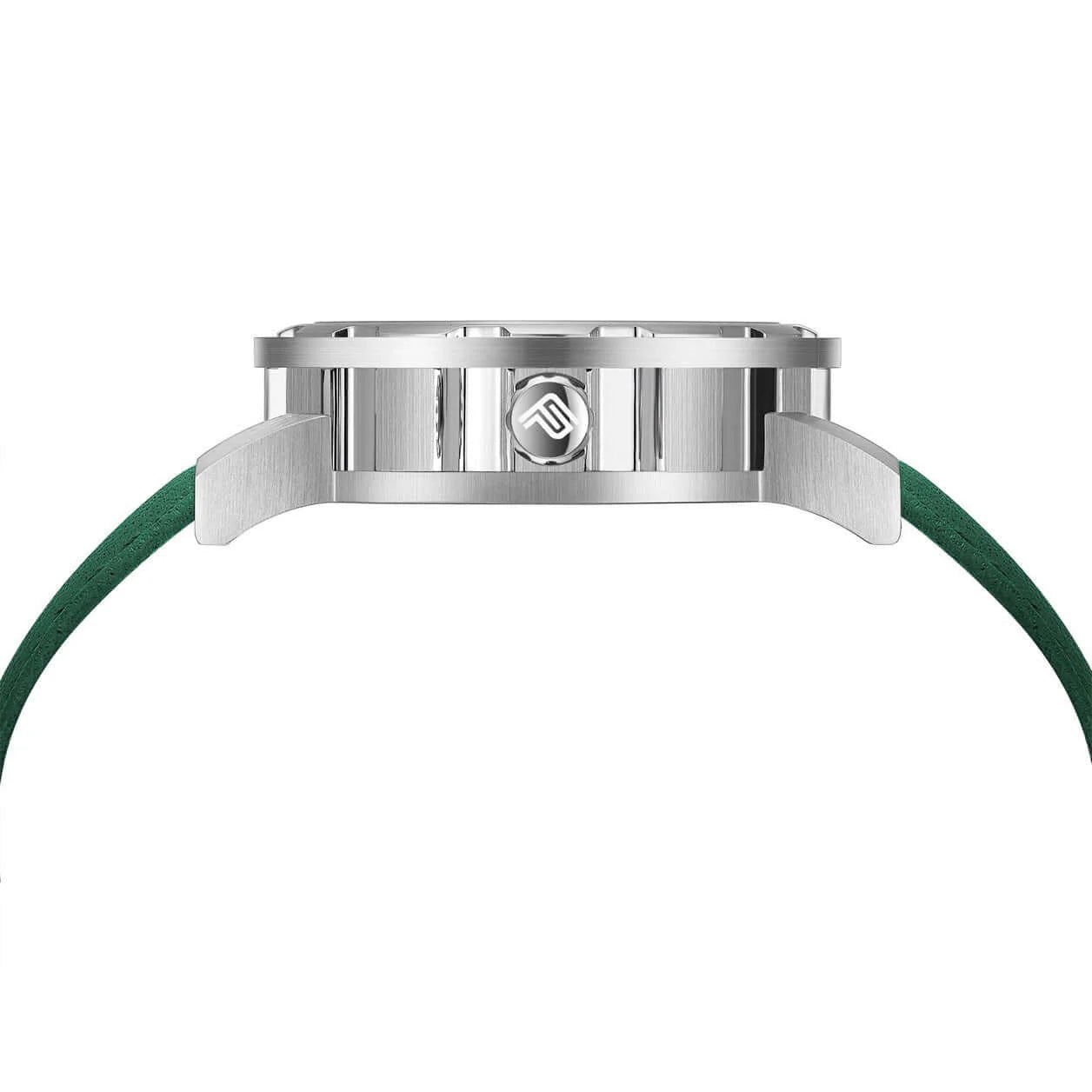 Mens Silver Automatic Watch - Green Leather Strap l PUNCH - PUNCH Watch & Eyewear - Punch Watch Design